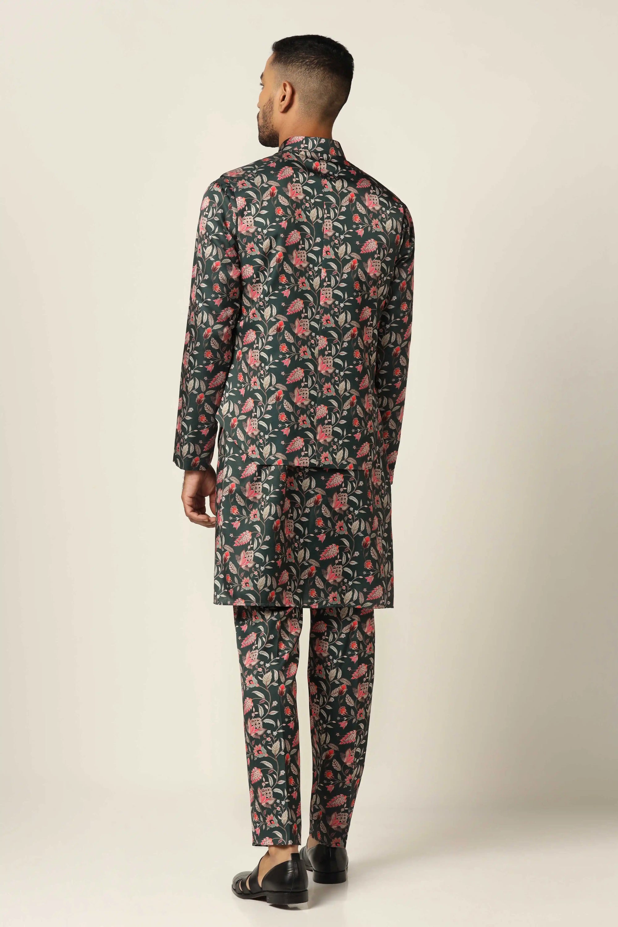 Turn heads with the Green Nehru Set in floral print. Shop Now!