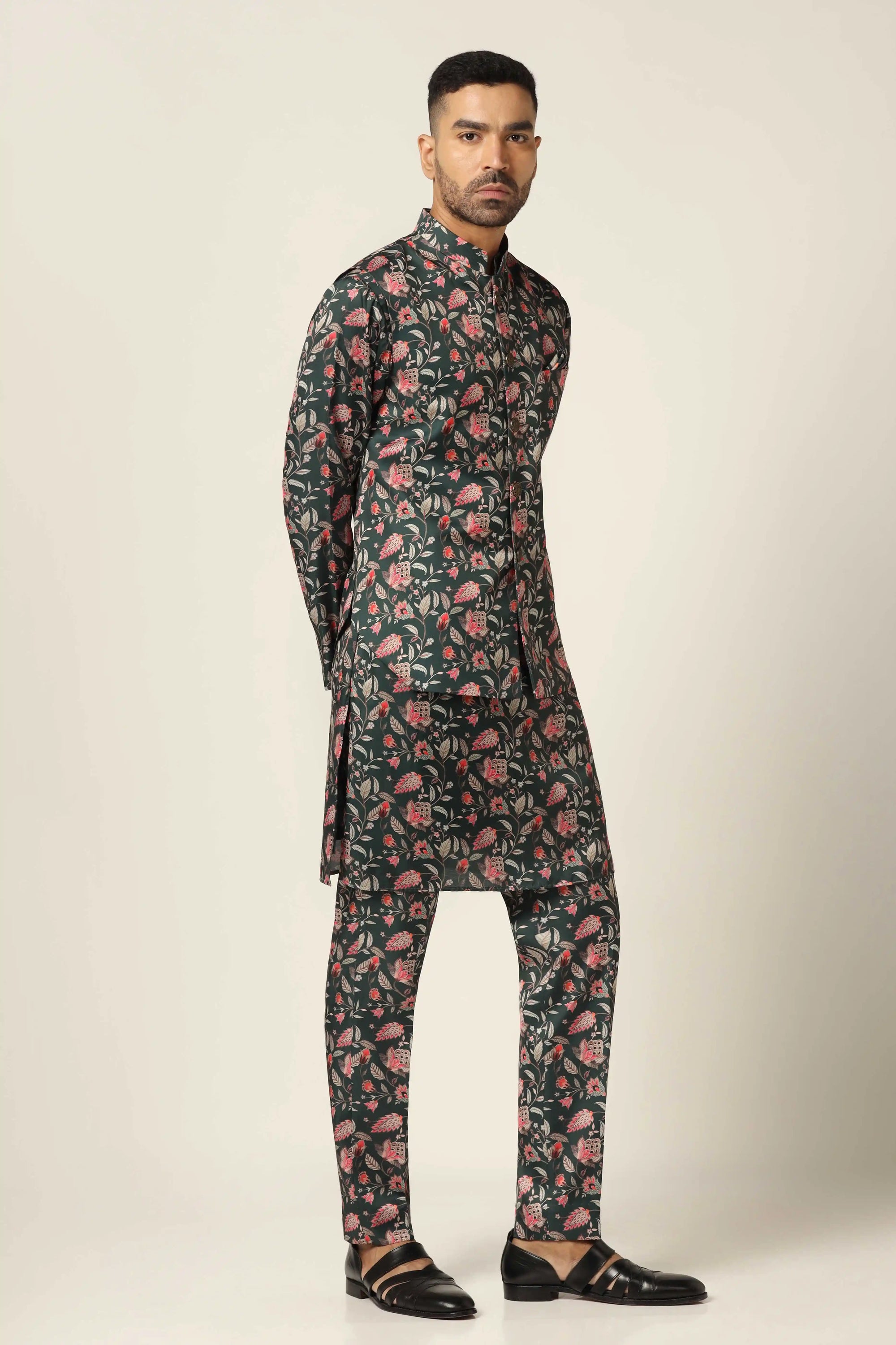 Turn heads with the Green Nehru Set in floral print. Shop Now!