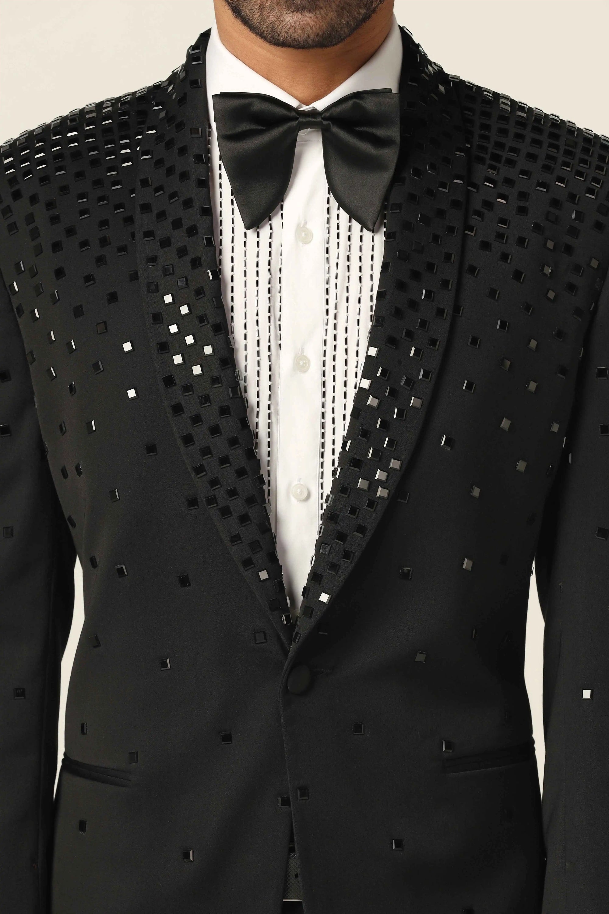 Elevate your style with our Black Mirror Embroidery Men’s Tuxedo. Shop Now!