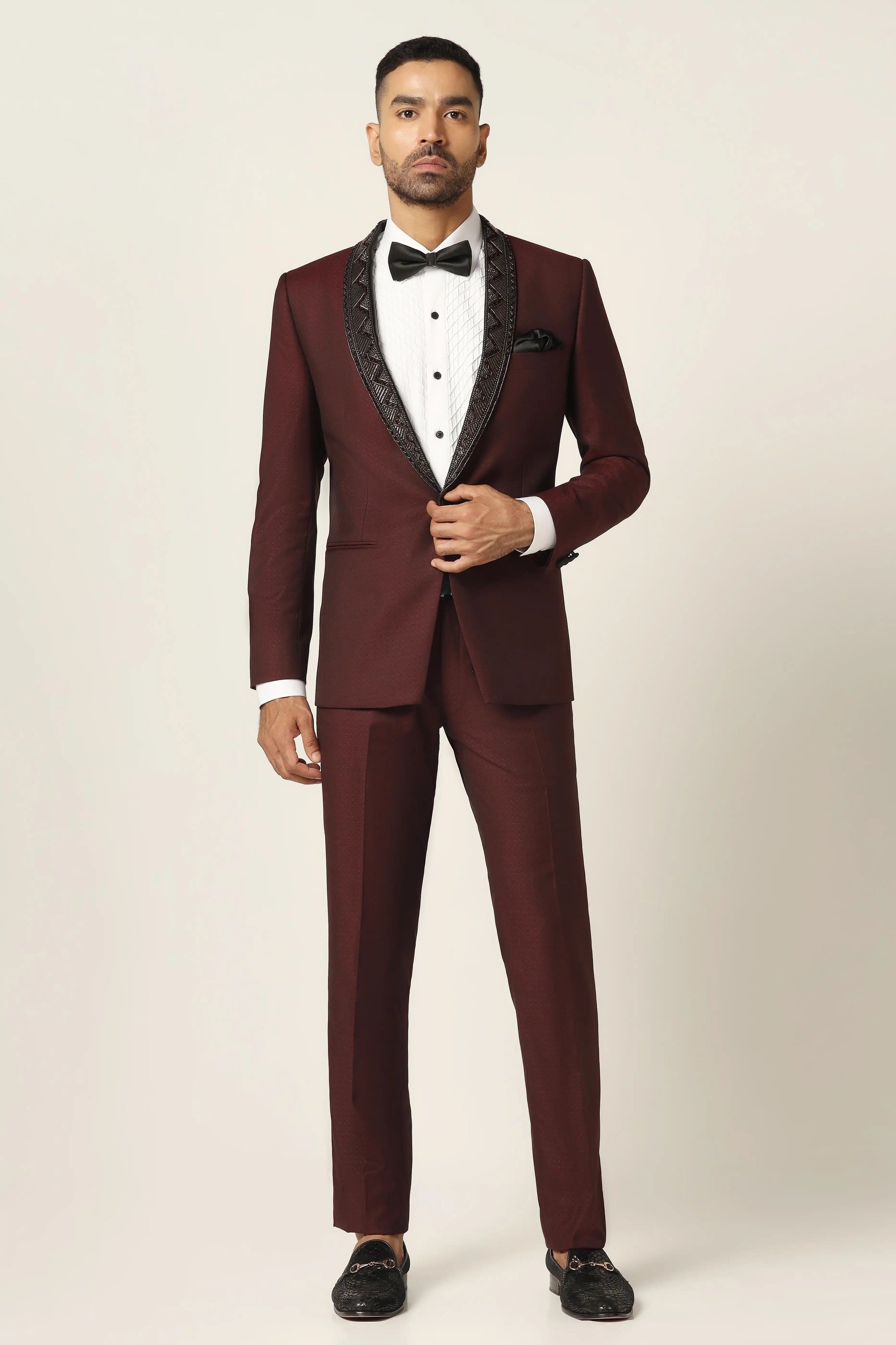 Elevate your style with our Wine Embroidered Tuxedo. Shop Now!