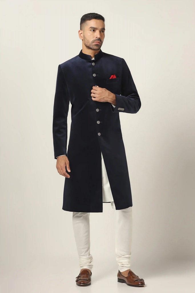 Elevate your style with our 100% cotton velvet Indo-western set, paired with a matching kurta and off-white pajama for timeless sophistication.