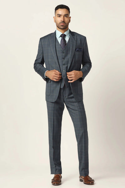 Experience timeless elegance in our classic 3-piece suit. Crafted from fine wool blend fabric, featuring a distinguished peak lapel. The matched contrast fabric waistcoat adds sophistication. Complete with matching pants.