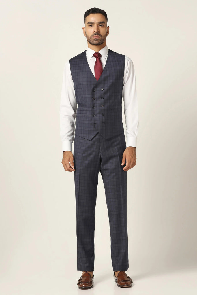 Elevate your formal attire with our Navy 3-Piece Suit. Fine wool blend fabric, notched lapel, 2-button coat. Complete with matching trousers and waistcoat.