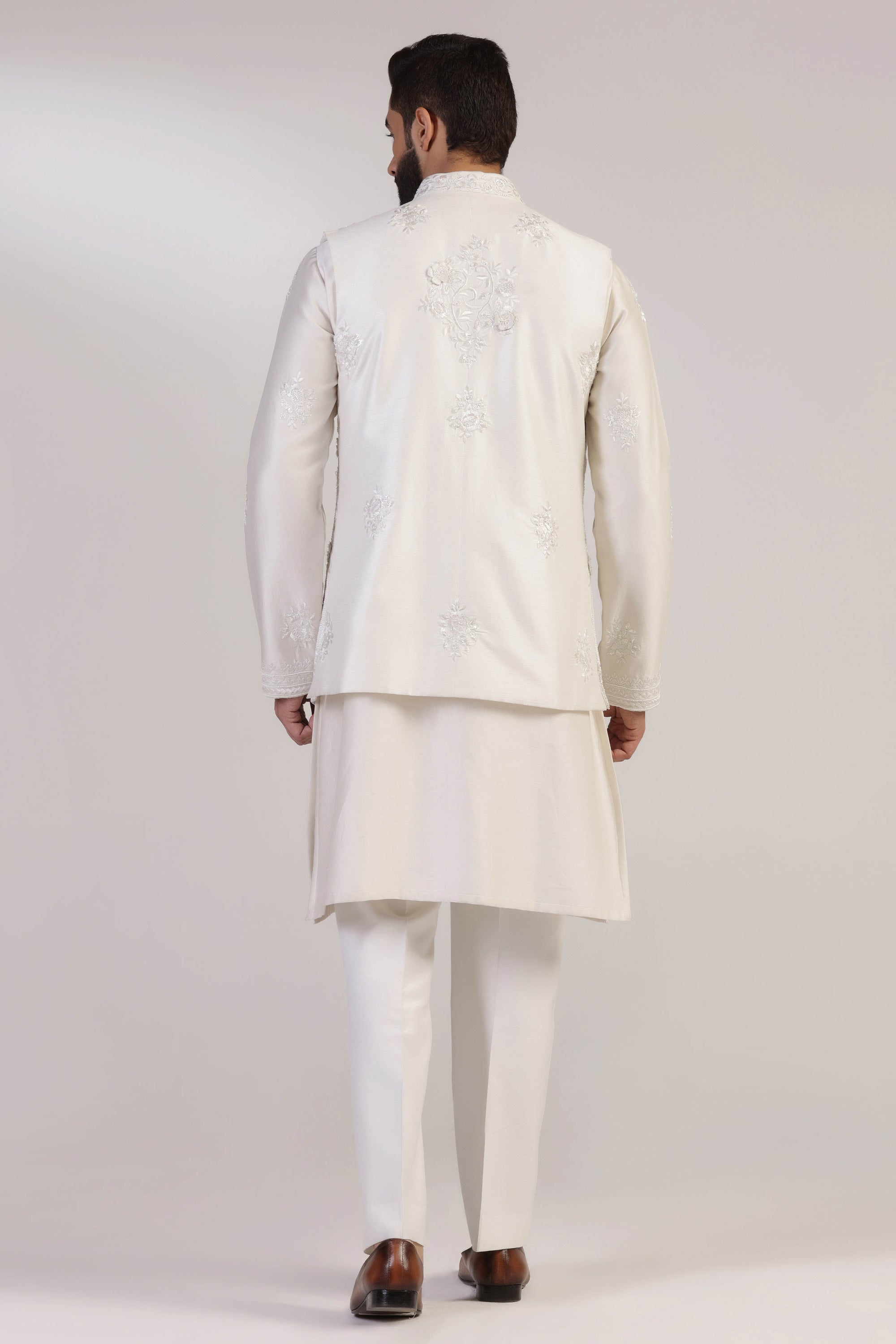 Introducing the Ivory Open Jacket Set, crafted from luxurious raw silk fabric. Shop Now!