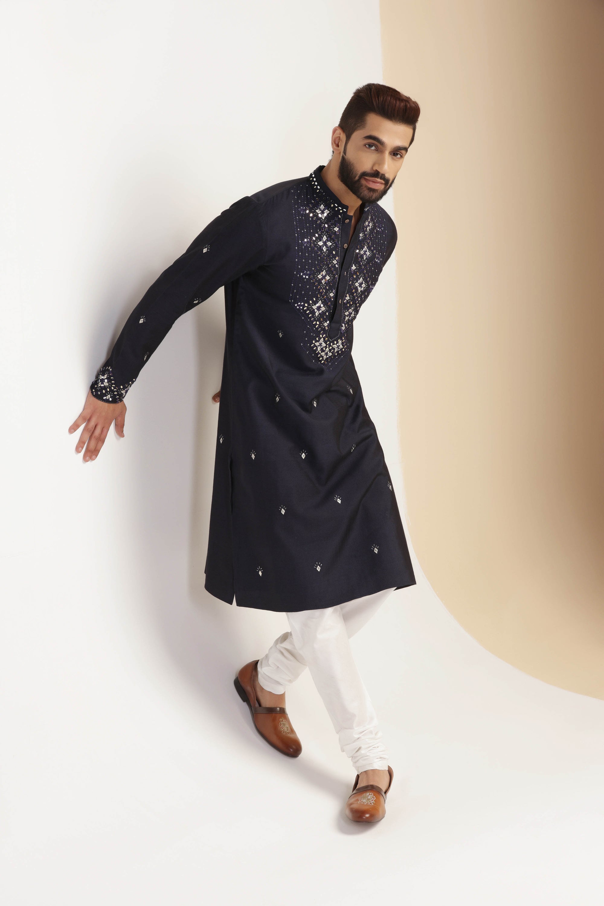 Experience the luxurious feel of our Navy Mirror Kurta Pajama. Shop Now!