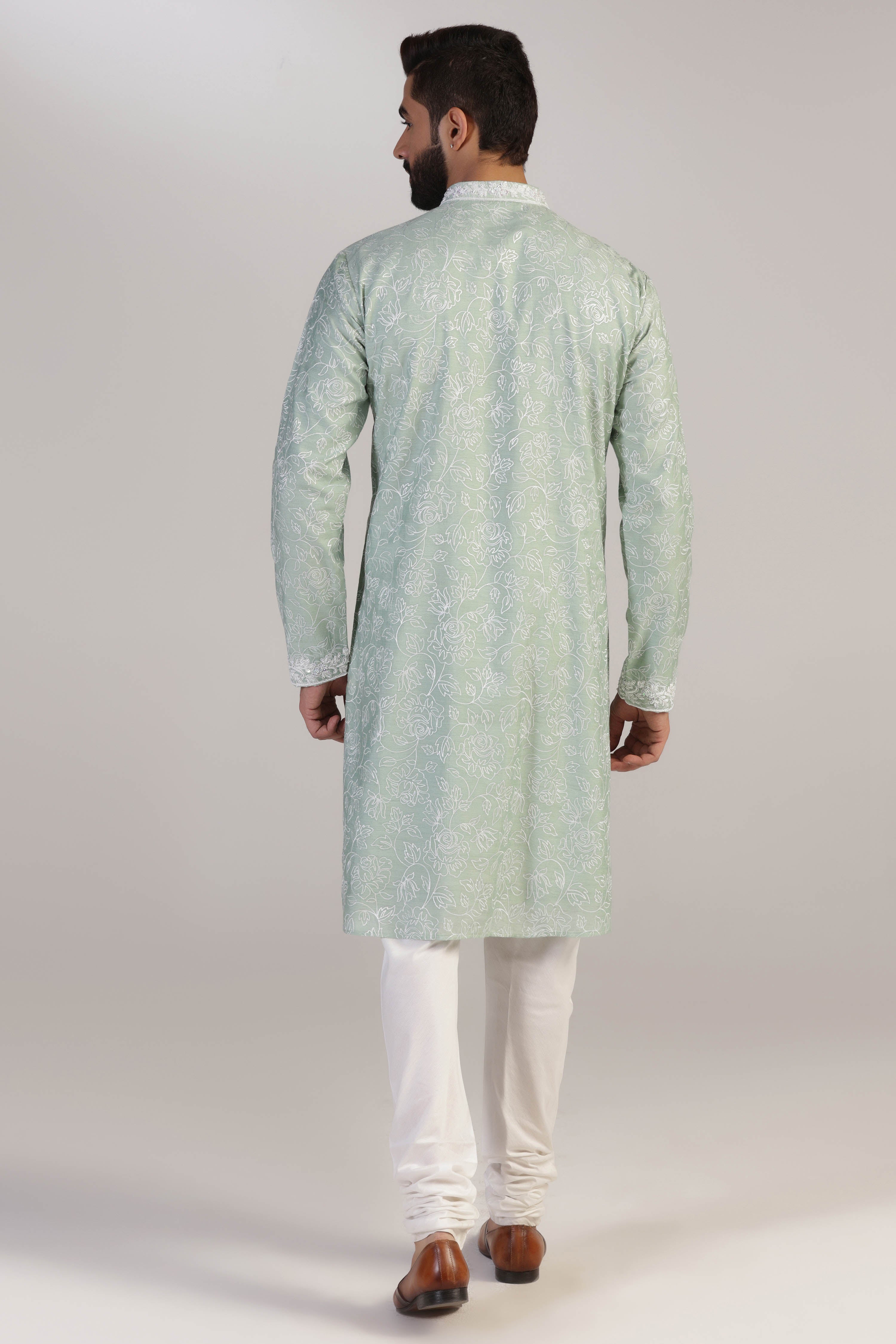 Men Rama Green Slub Silk Embroidered Kurta Pyjama main image 0
