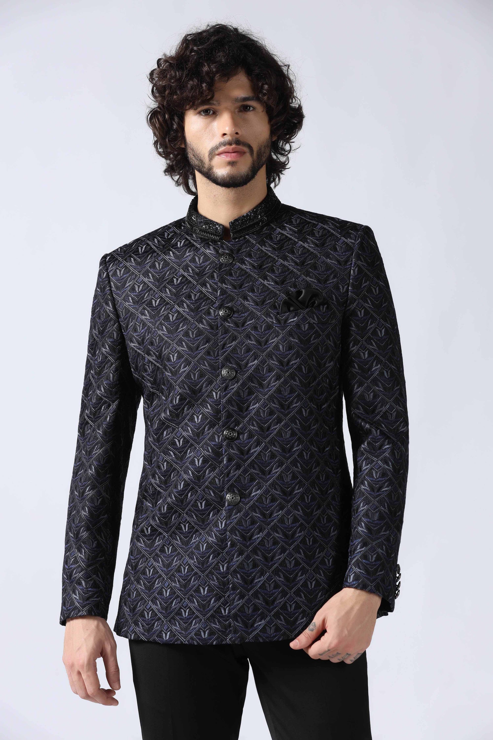 Navy Geometric Bandhgala