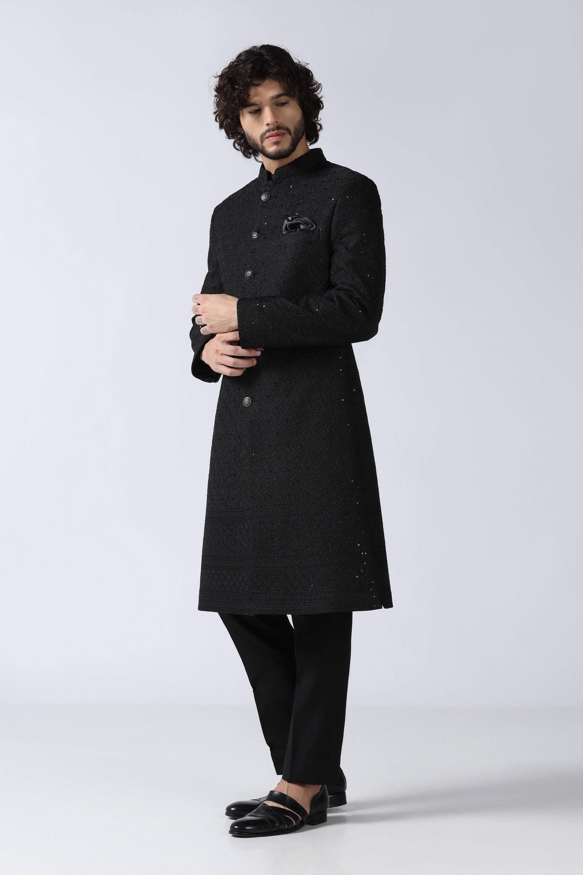 Black Embroidered Indowestern