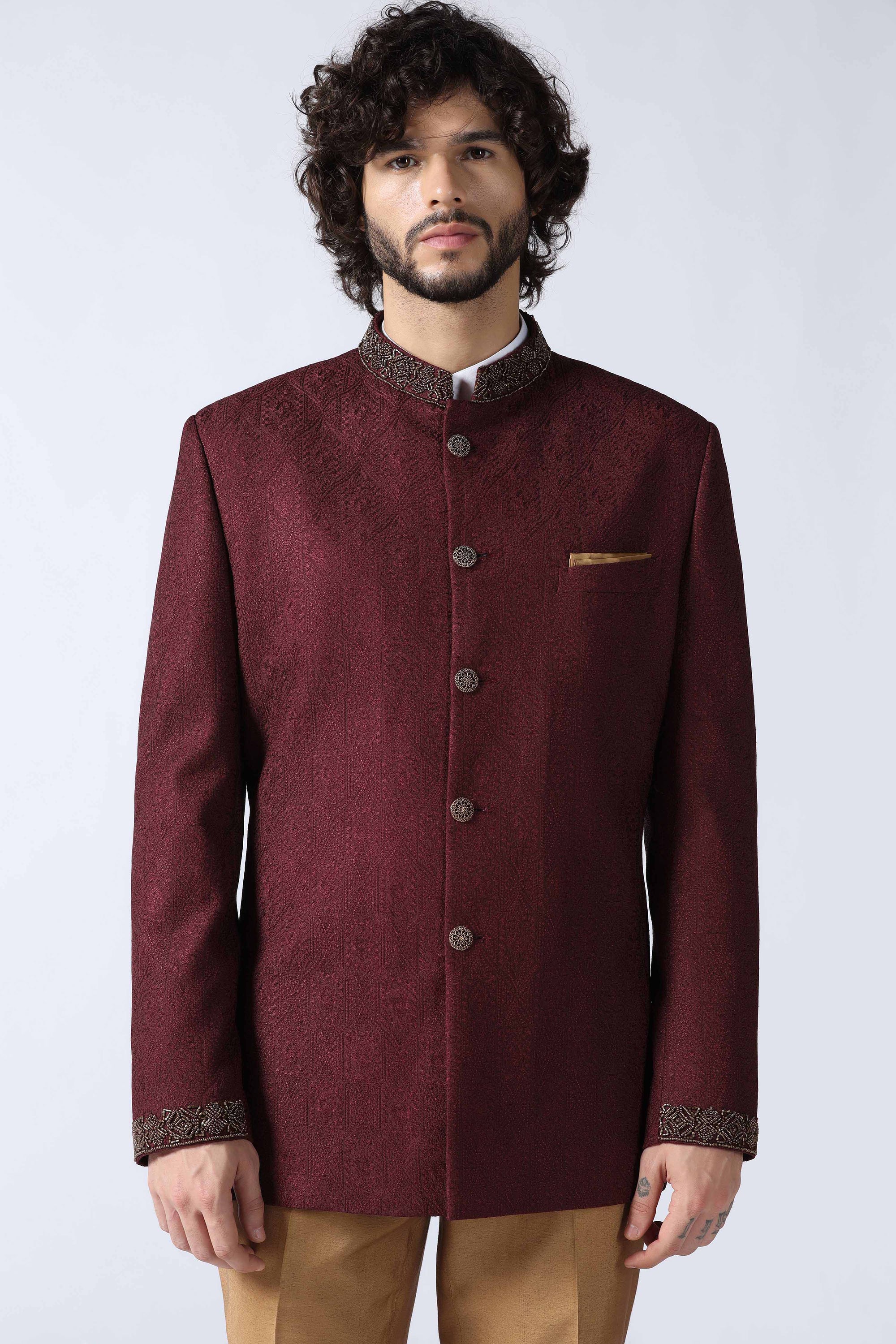 Wine Embroidered Bandhgala