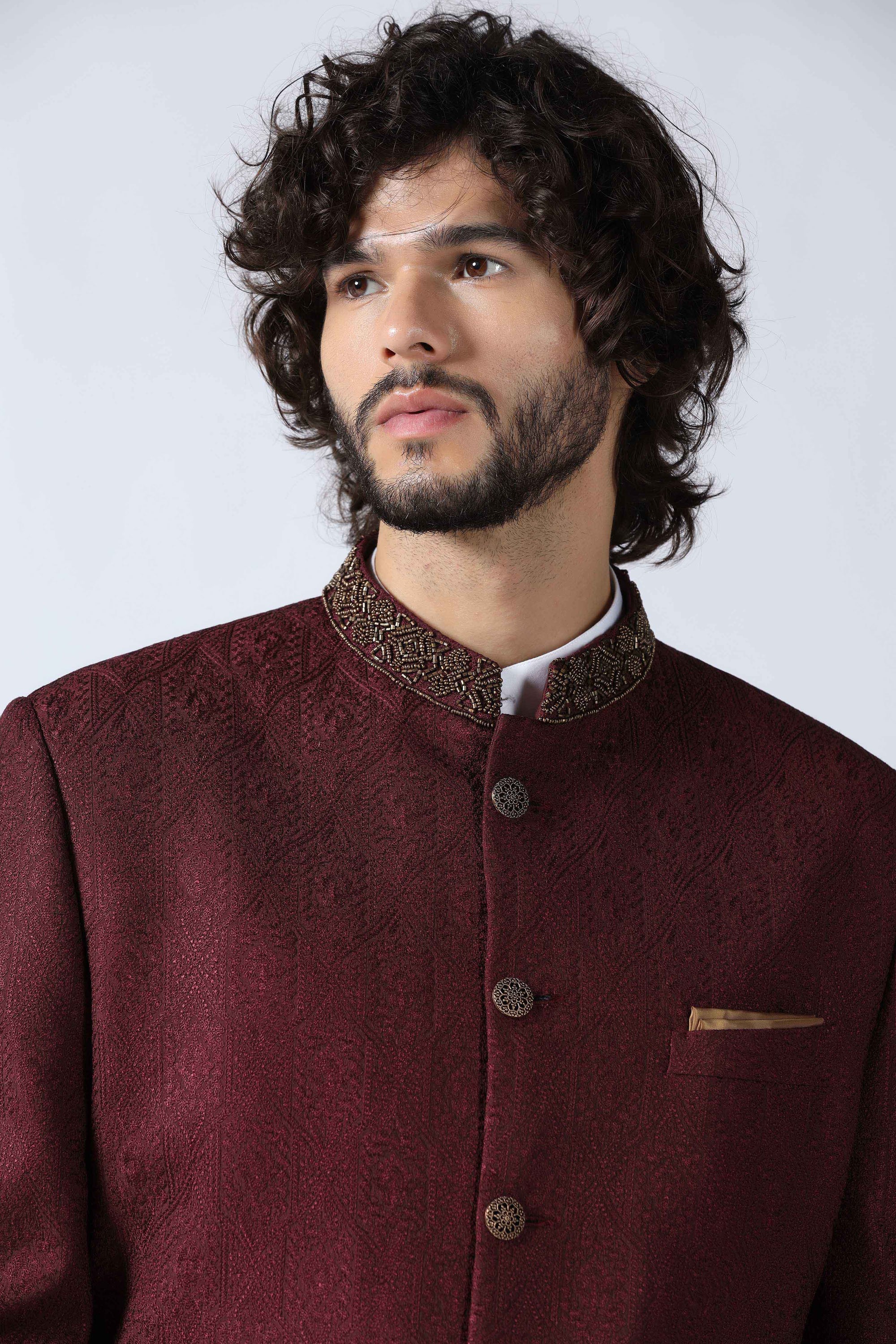 Wine Embroidered Bandhgala