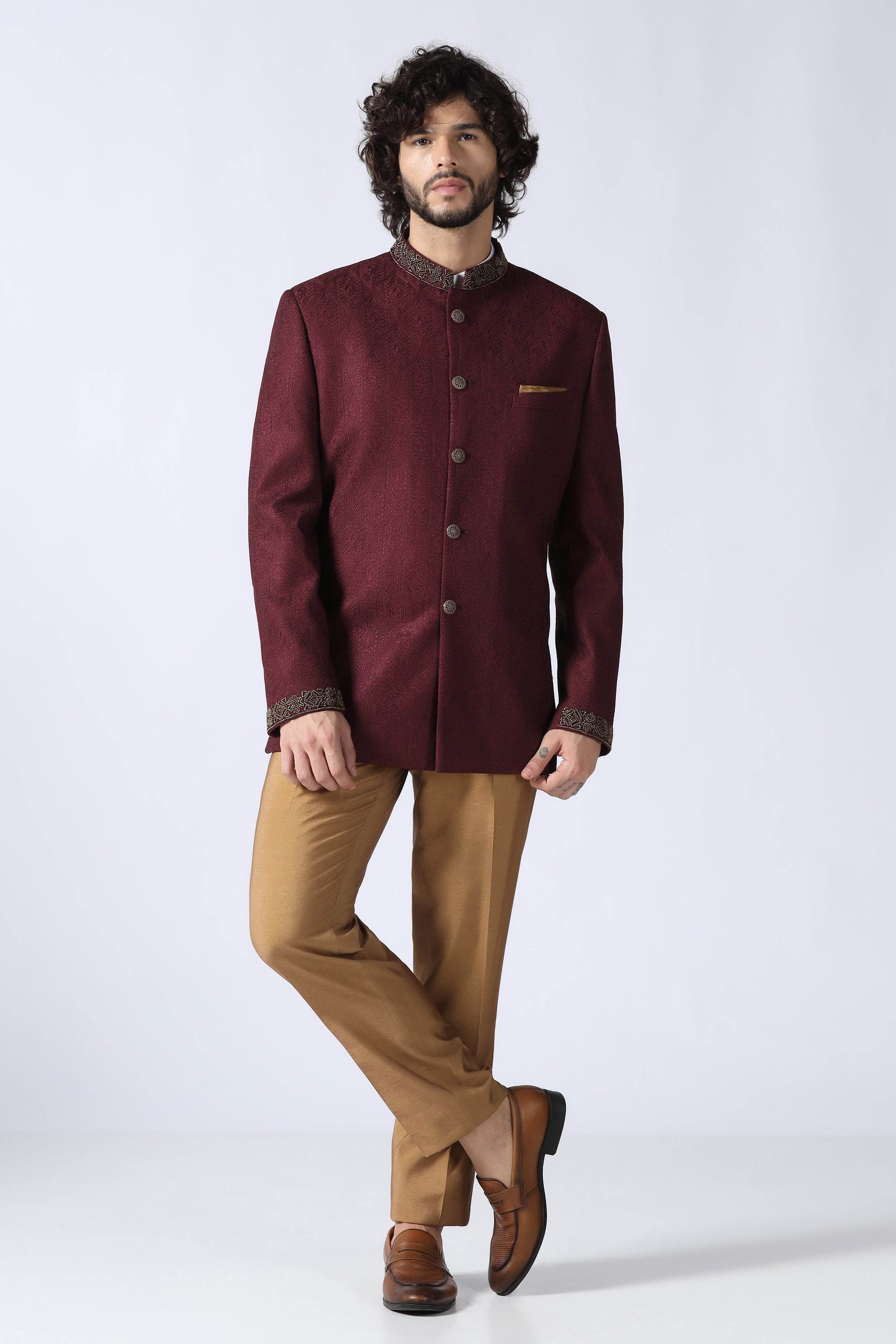 Wine Embroidered Bandhgala