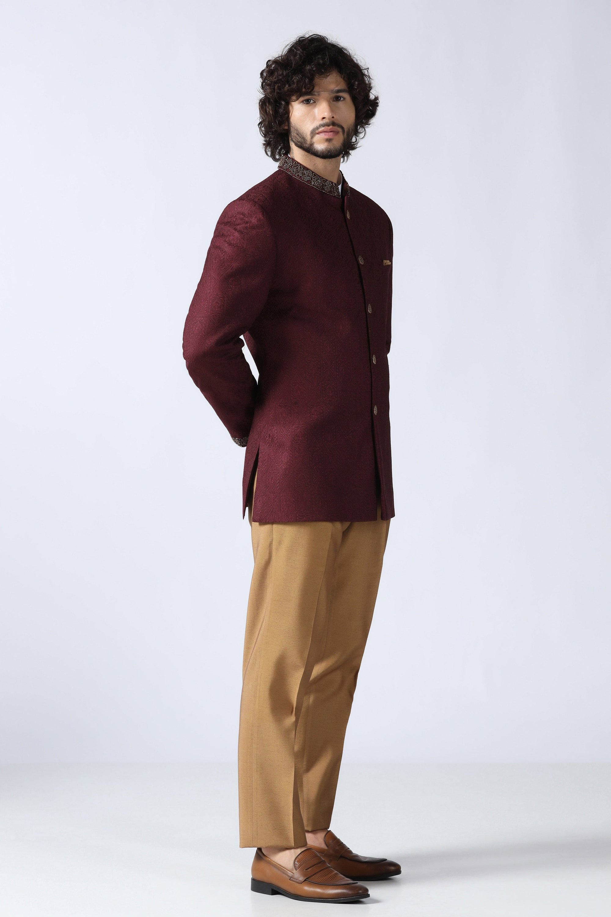 Wine Embroidered Bandhgala