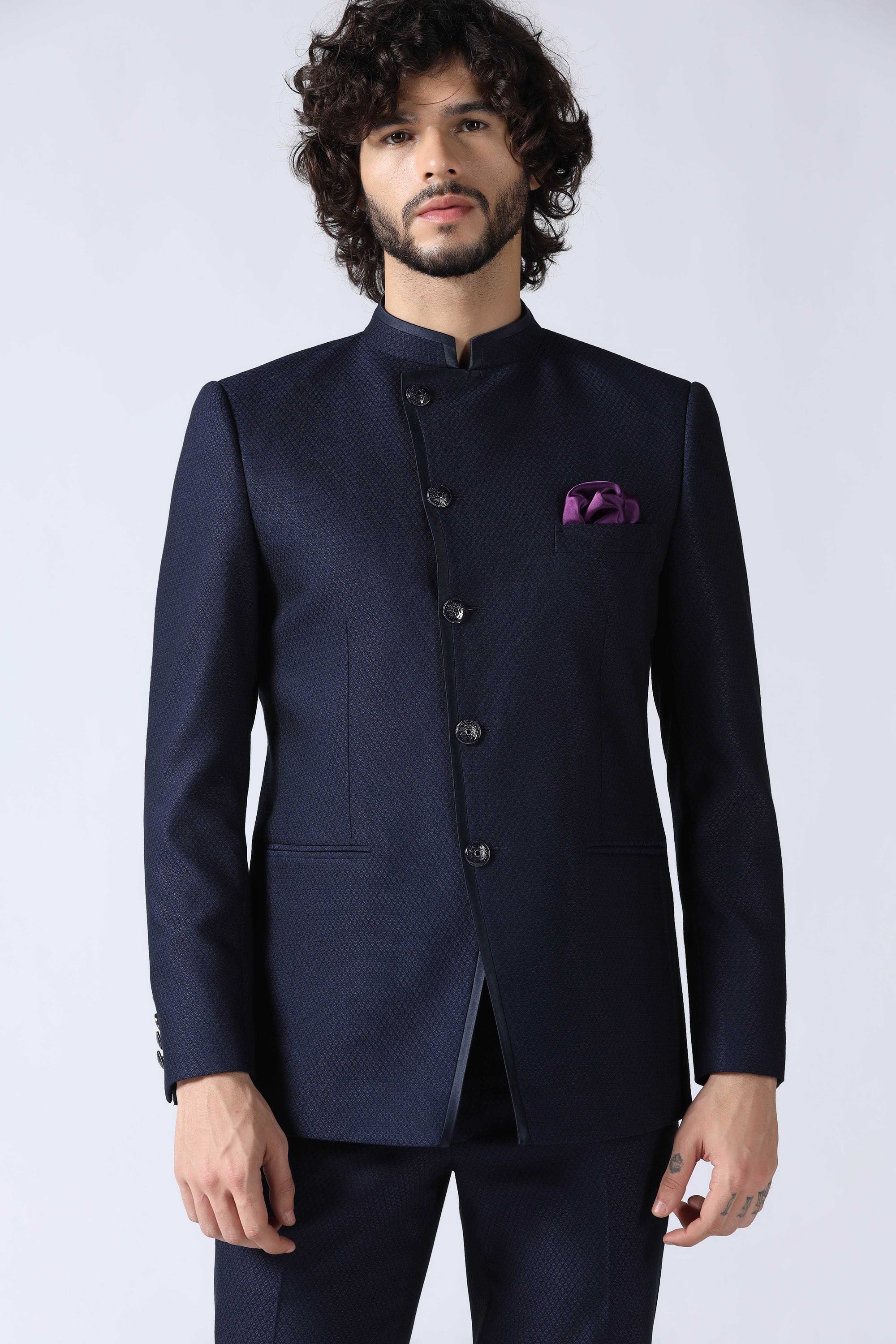 Navy Textured Bandhgala