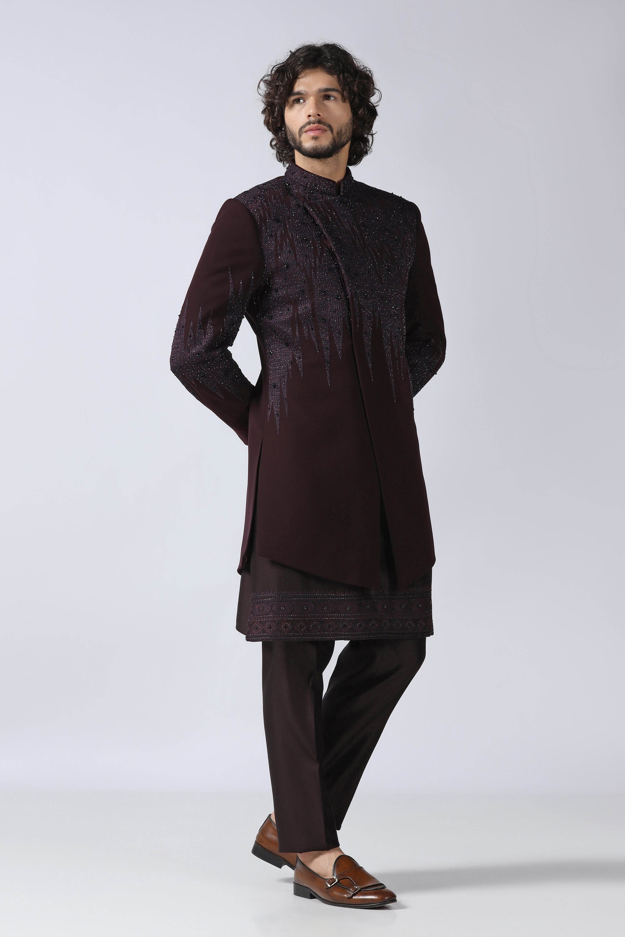 Wine Embroidered Indowestern