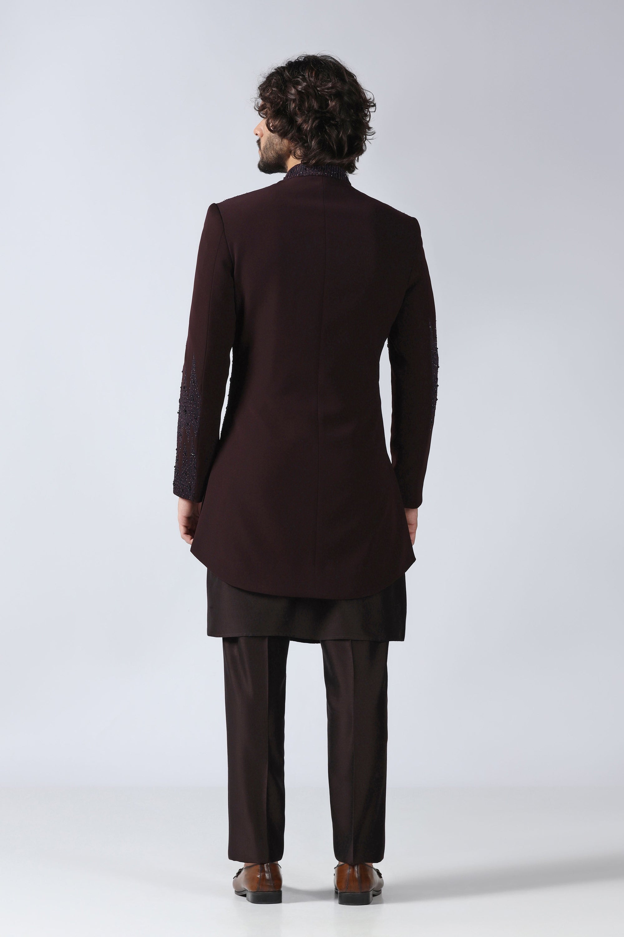 Wine Embroidered Indowestern