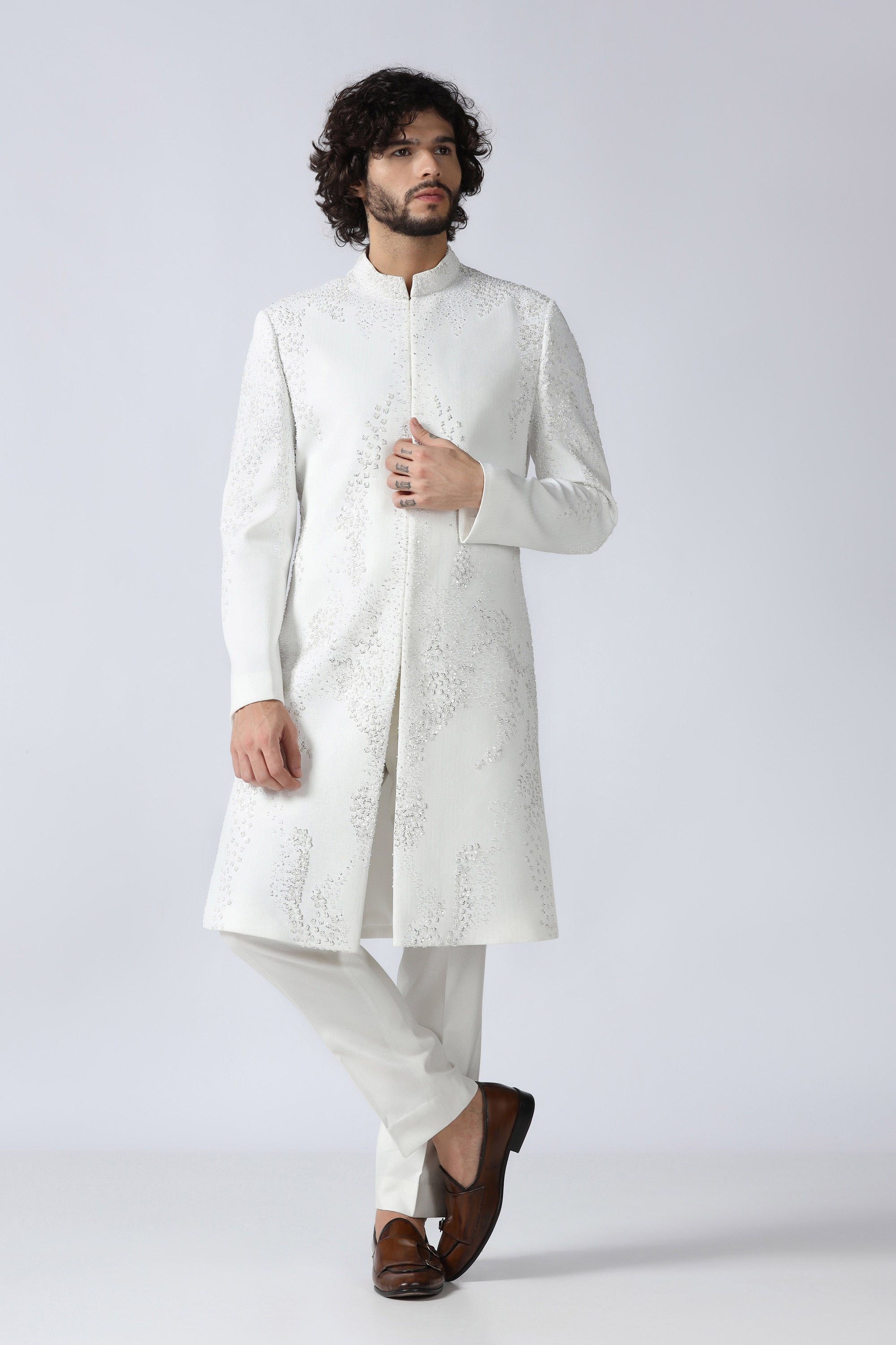 Off-white Embroidered Indowestern