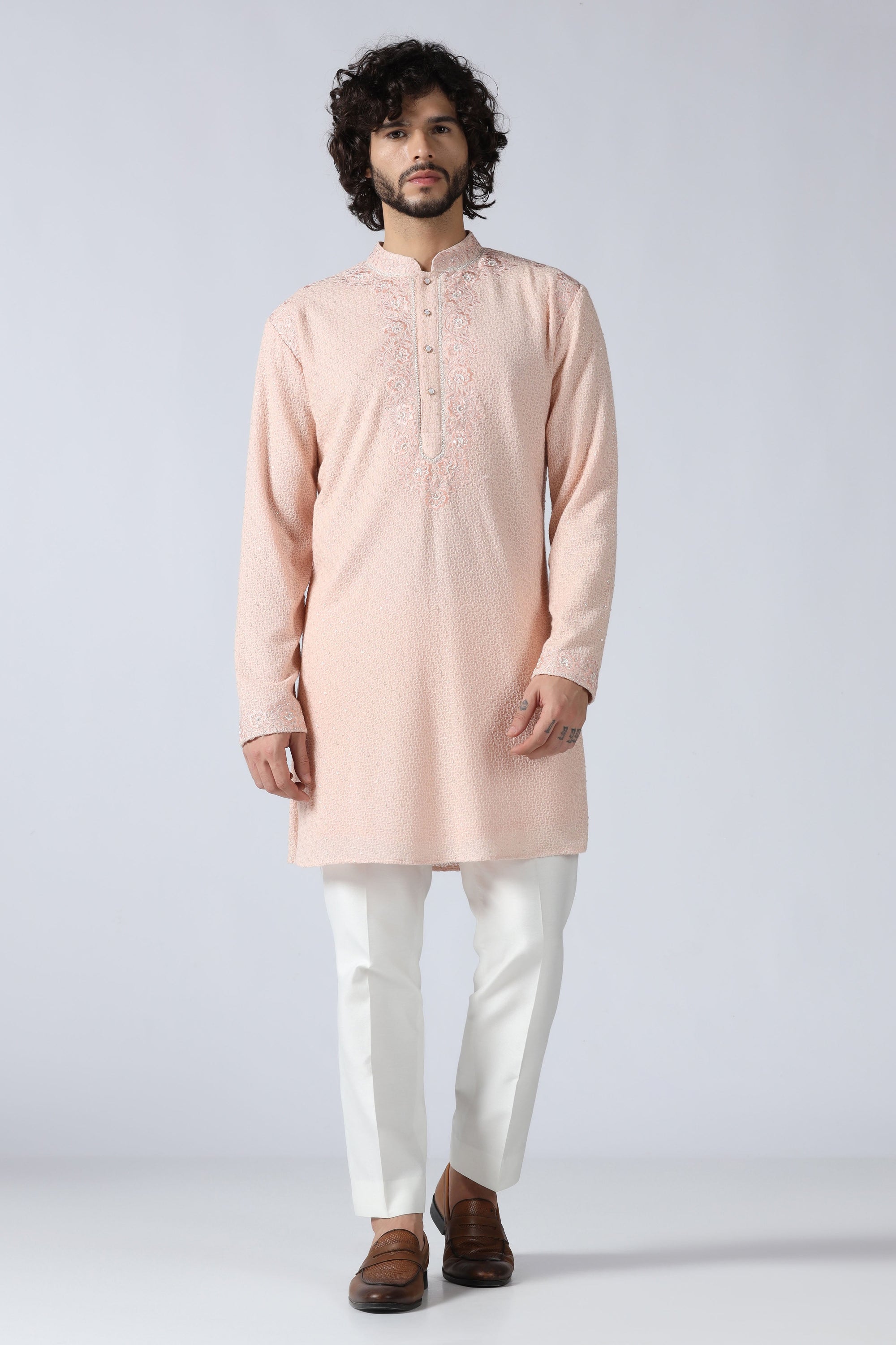 Peach Chikankari Kurta Set