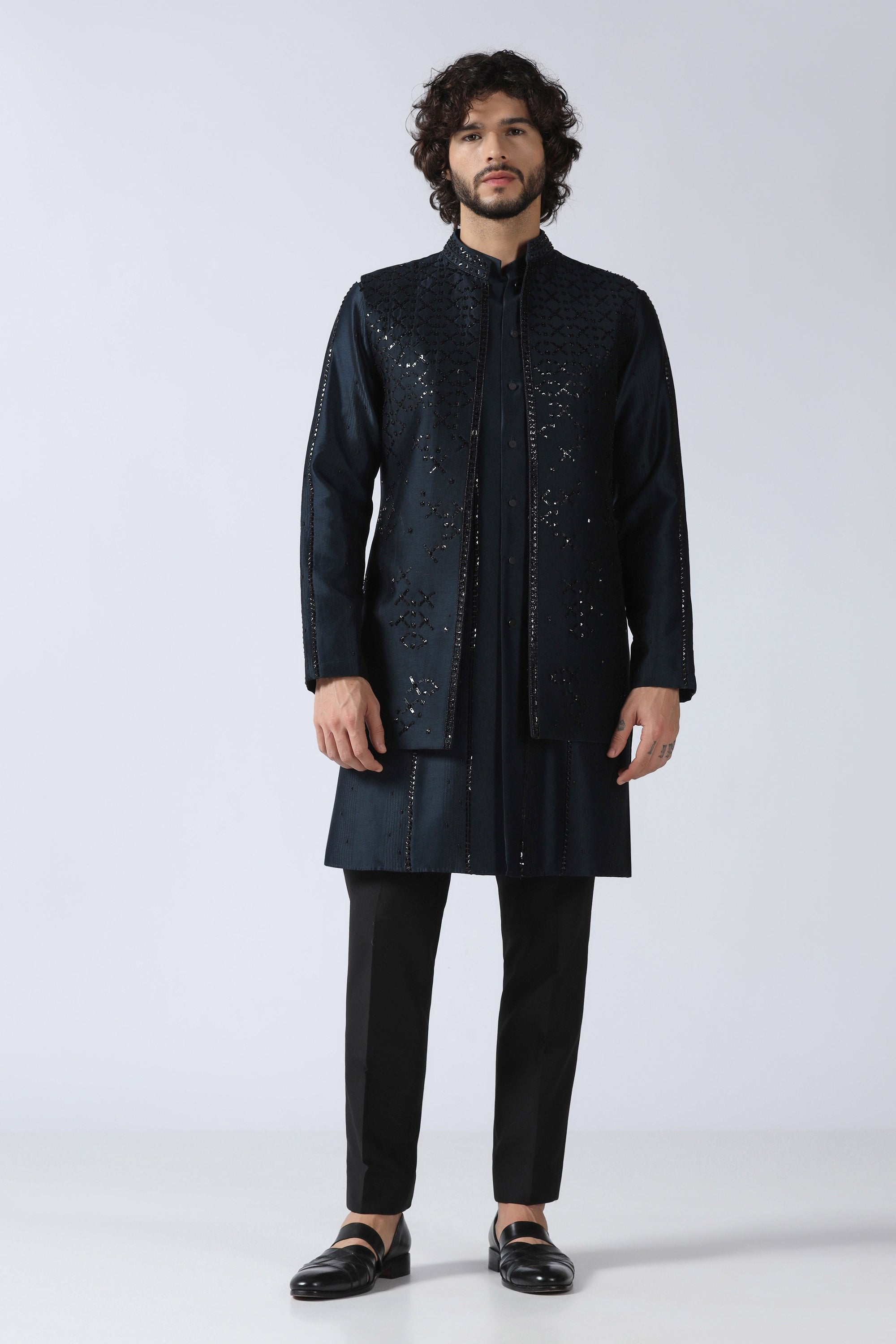 Navy Embroidered Jacket Set