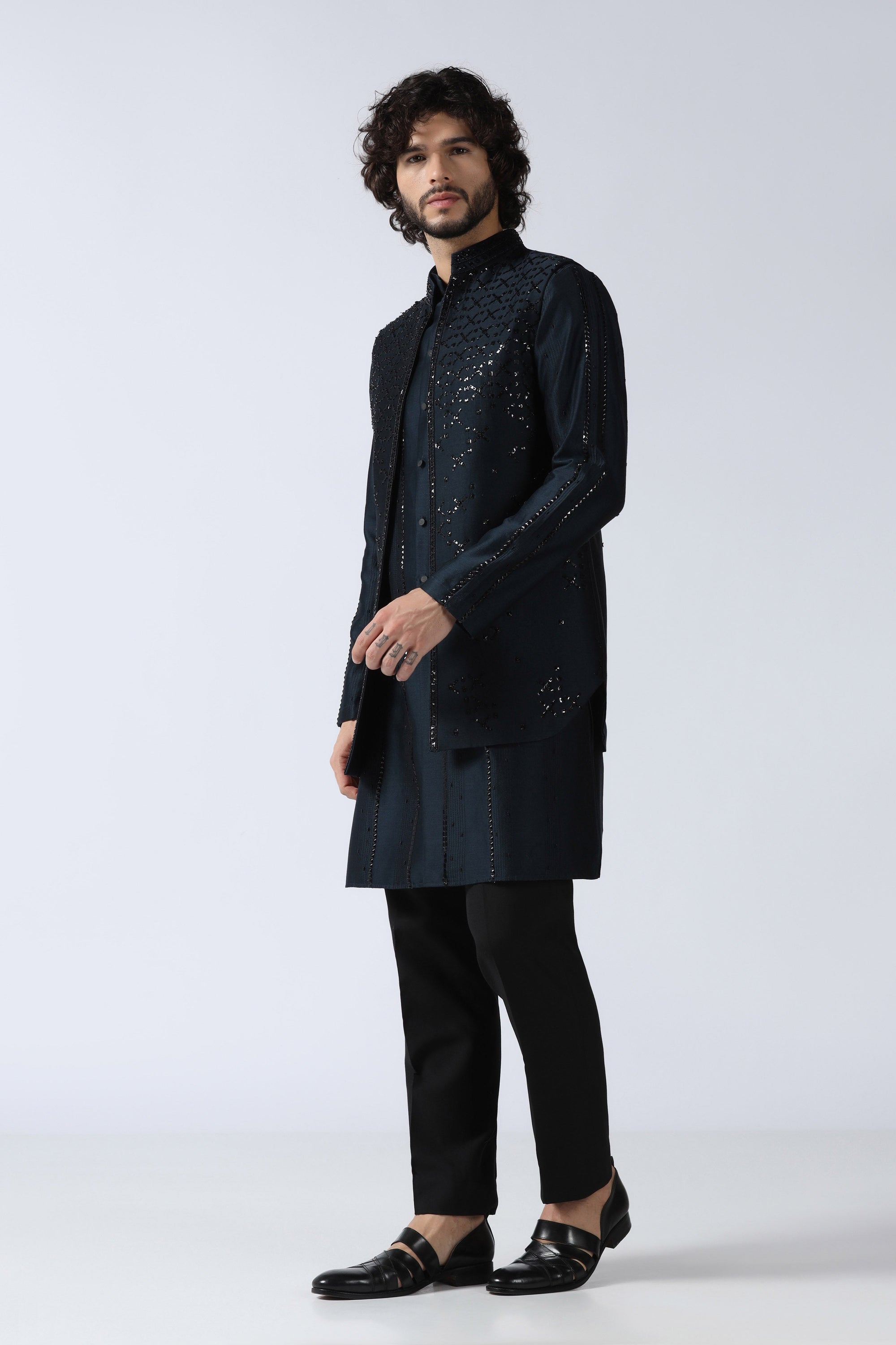 Navy Embroidered Jacket Set