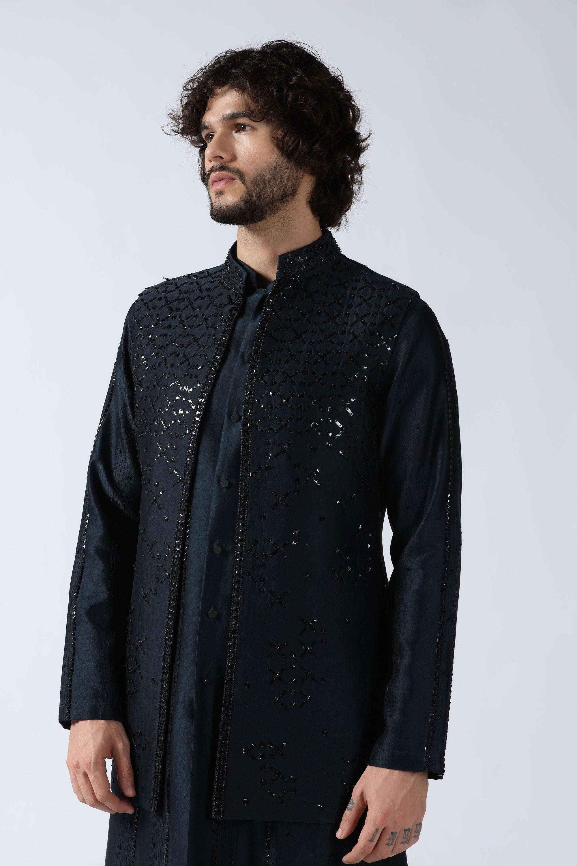 Navy Embroidered Jacket Set