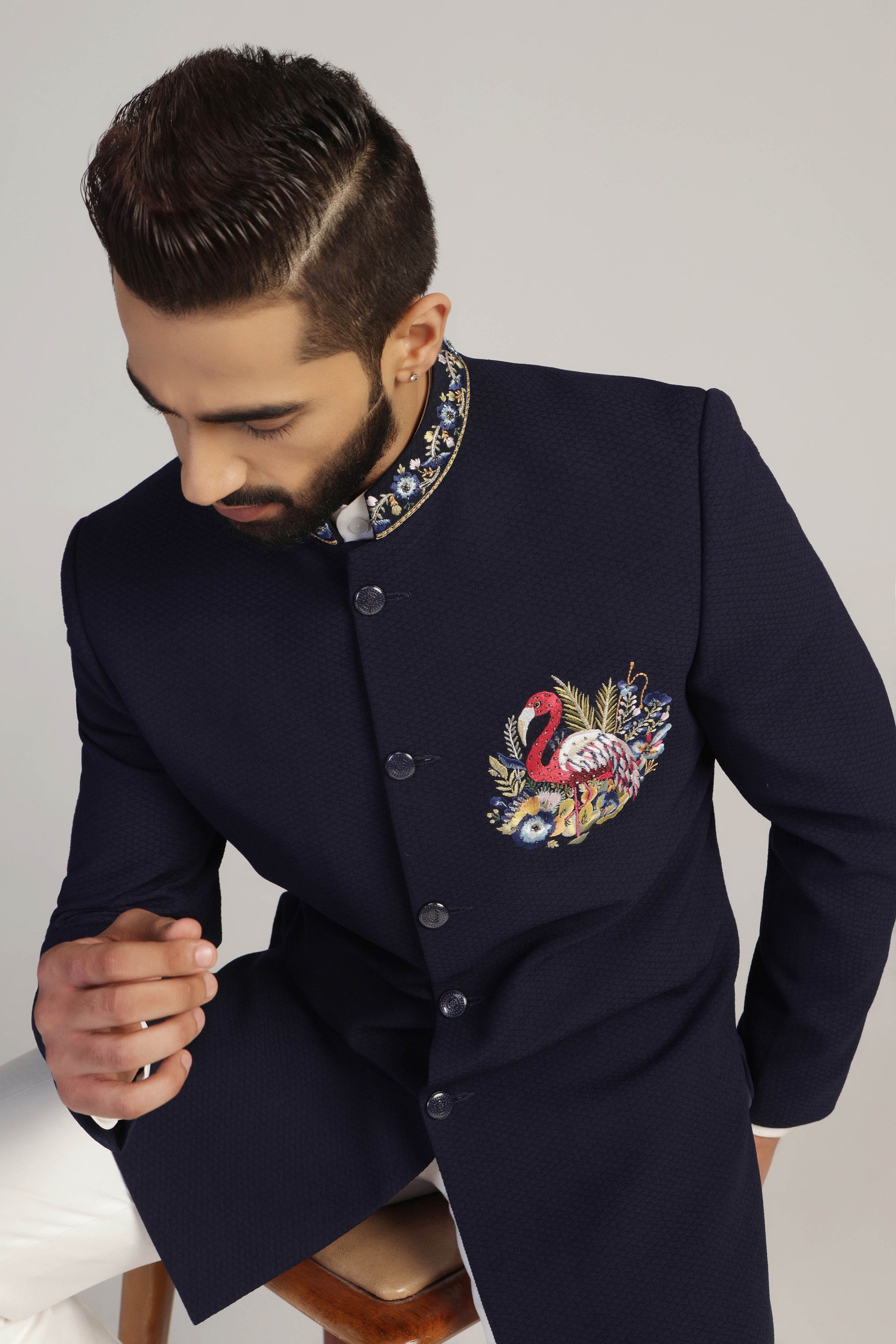 Midnight Flamingo Embroidered Bandhgala Set