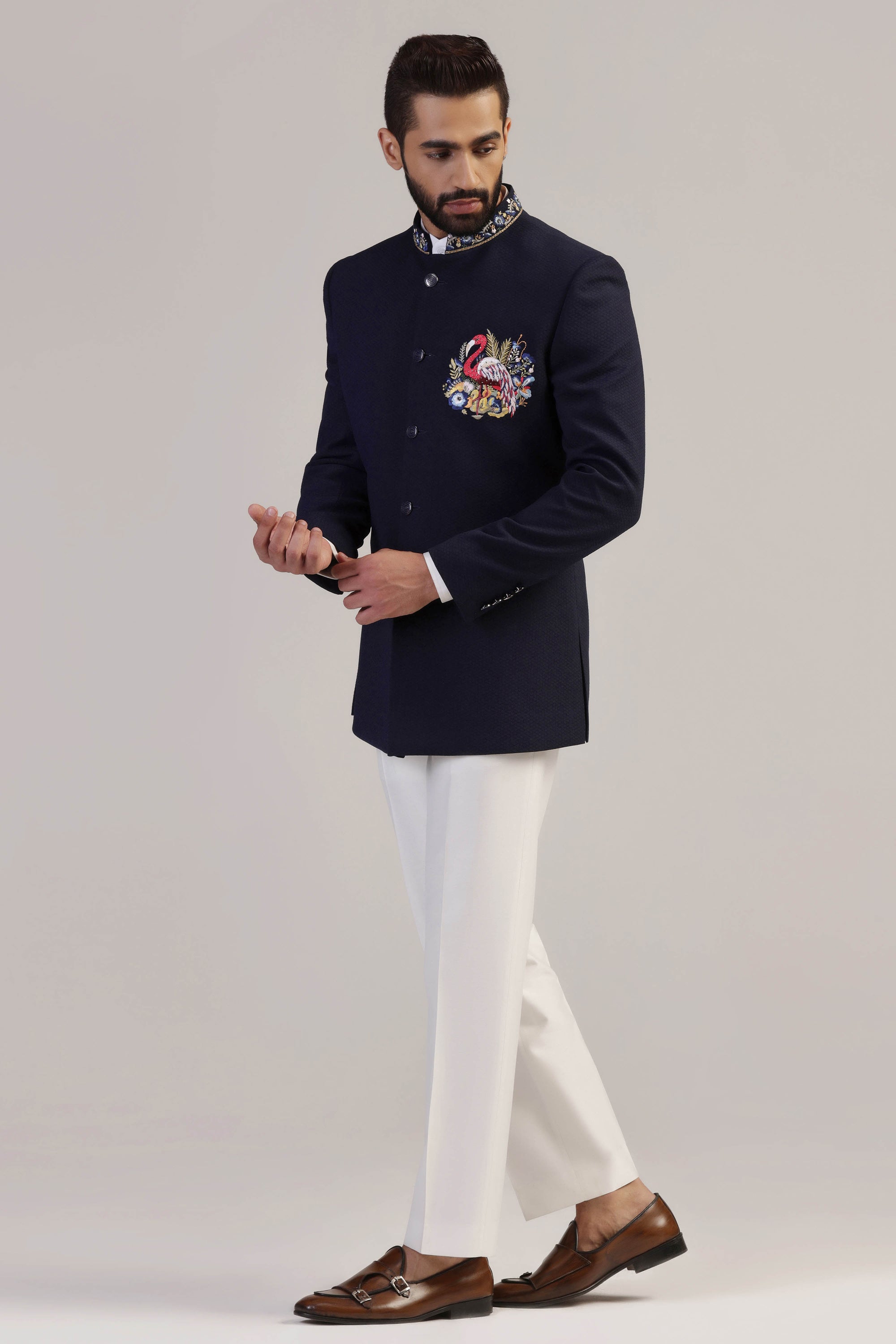 Midnight Flamingo Embroidered Bandhgala Set