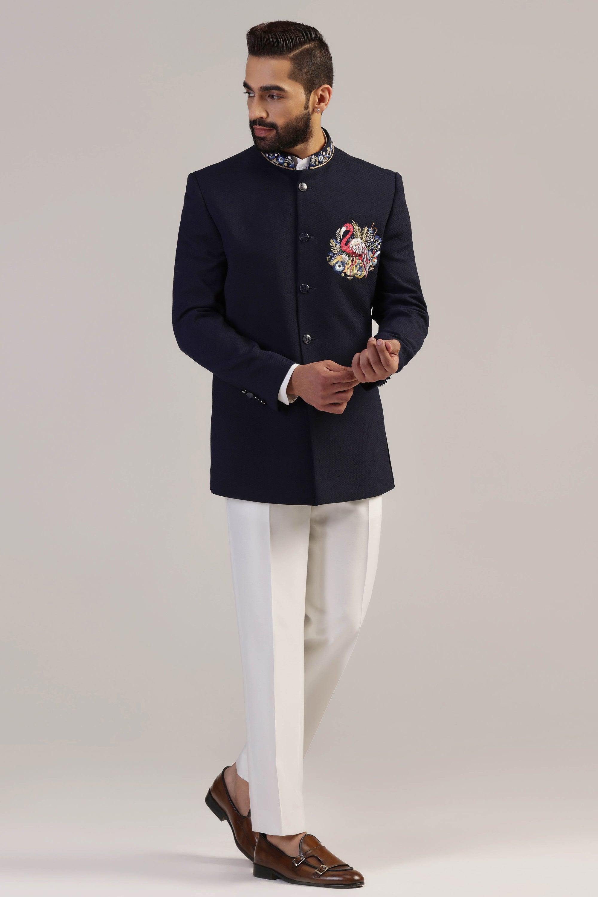 Midnight Flamingo Embroidered Bandhgala Set