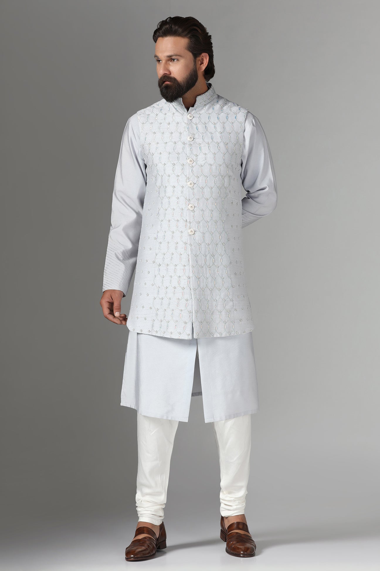 Elevate your style with our long grey raw silk Nehru Jacket. Shop Now!