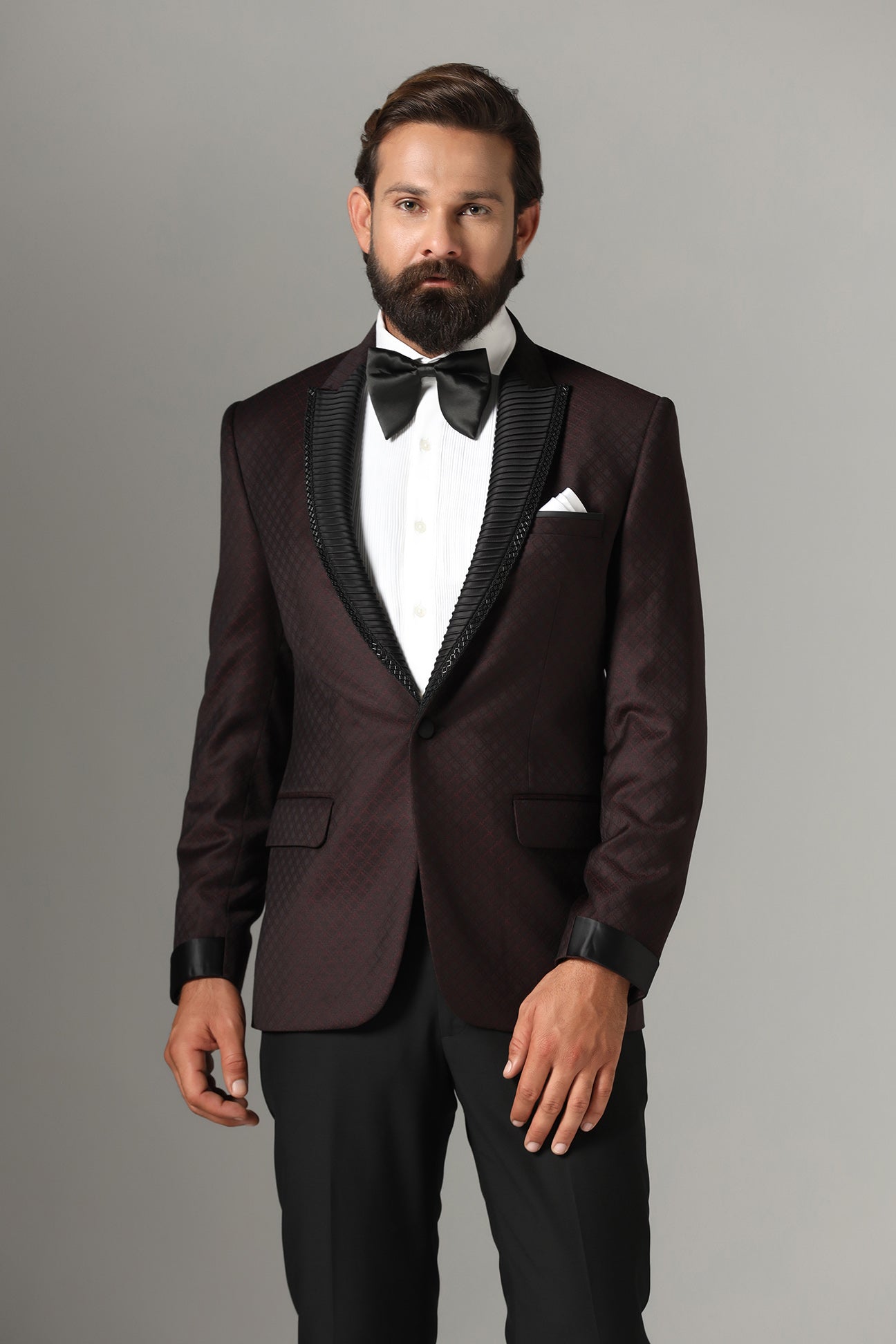 Elevate your style with our Wine-Textured Tuxedo. Shop Now!