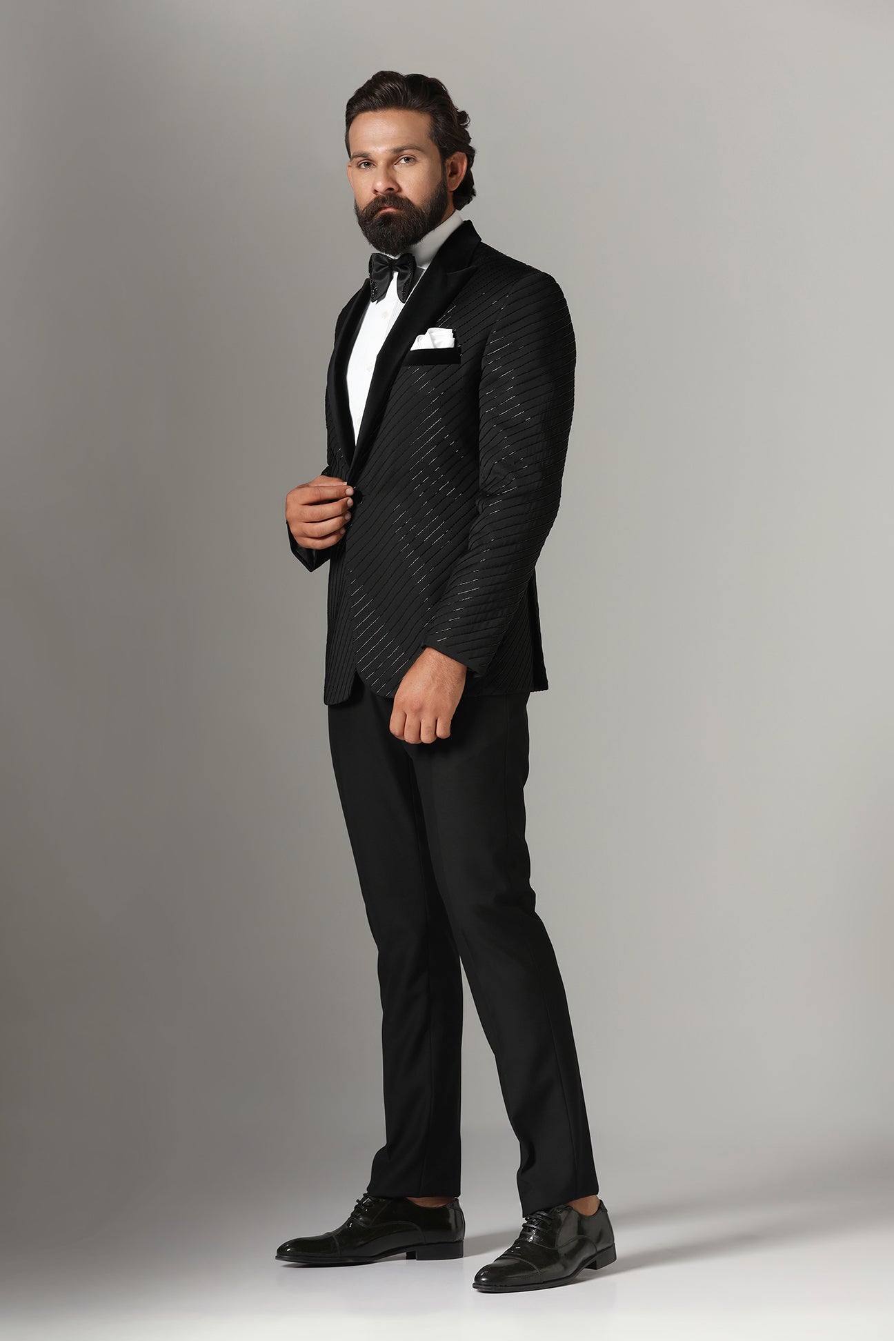Exude sophistication in our Black Wool-Rich Embroidered Tuxedo. Shop Now!