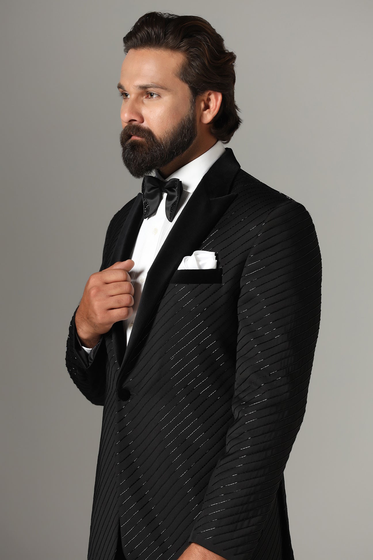 Exude sophistication in our Black Wool-Rich Embroidered Tuxedo. Shop Now!