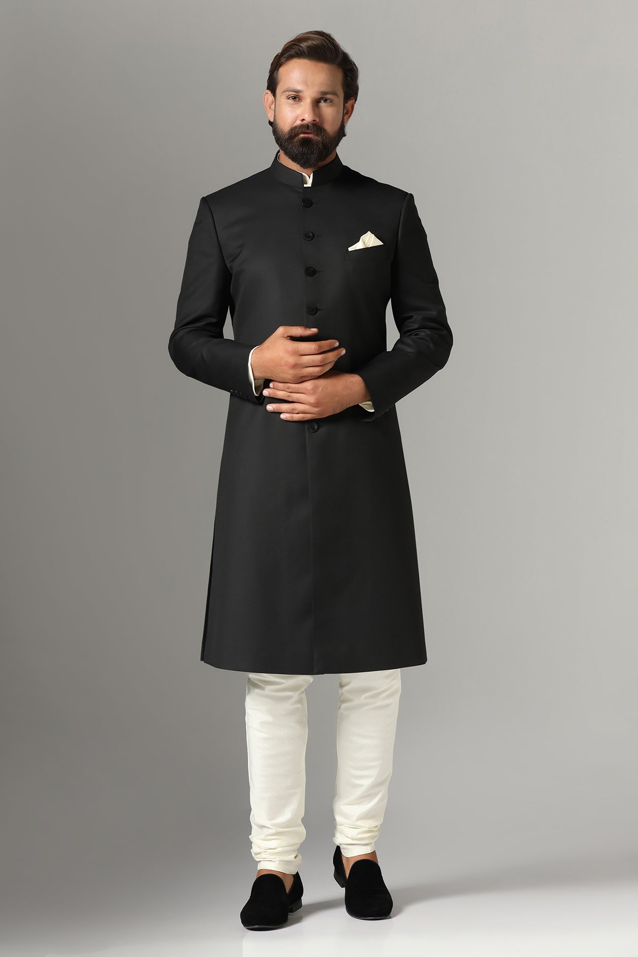 Elevate your style with our black Indowestern ensemble from luxurious wool-rich fabric. Shop Now!