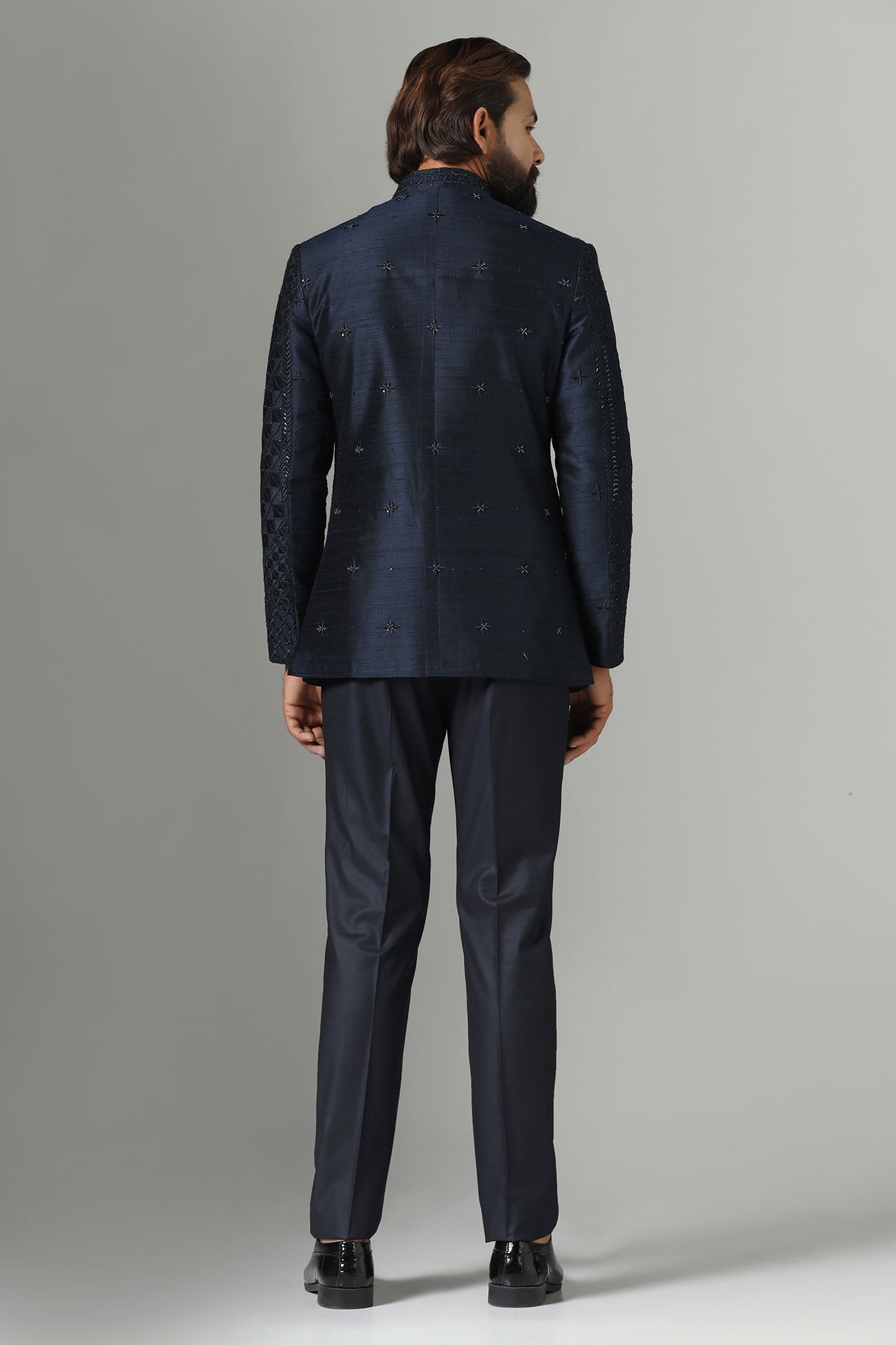 Shop the elegant navy blue Bandhgala suit for a sophisticated look. Shop now!