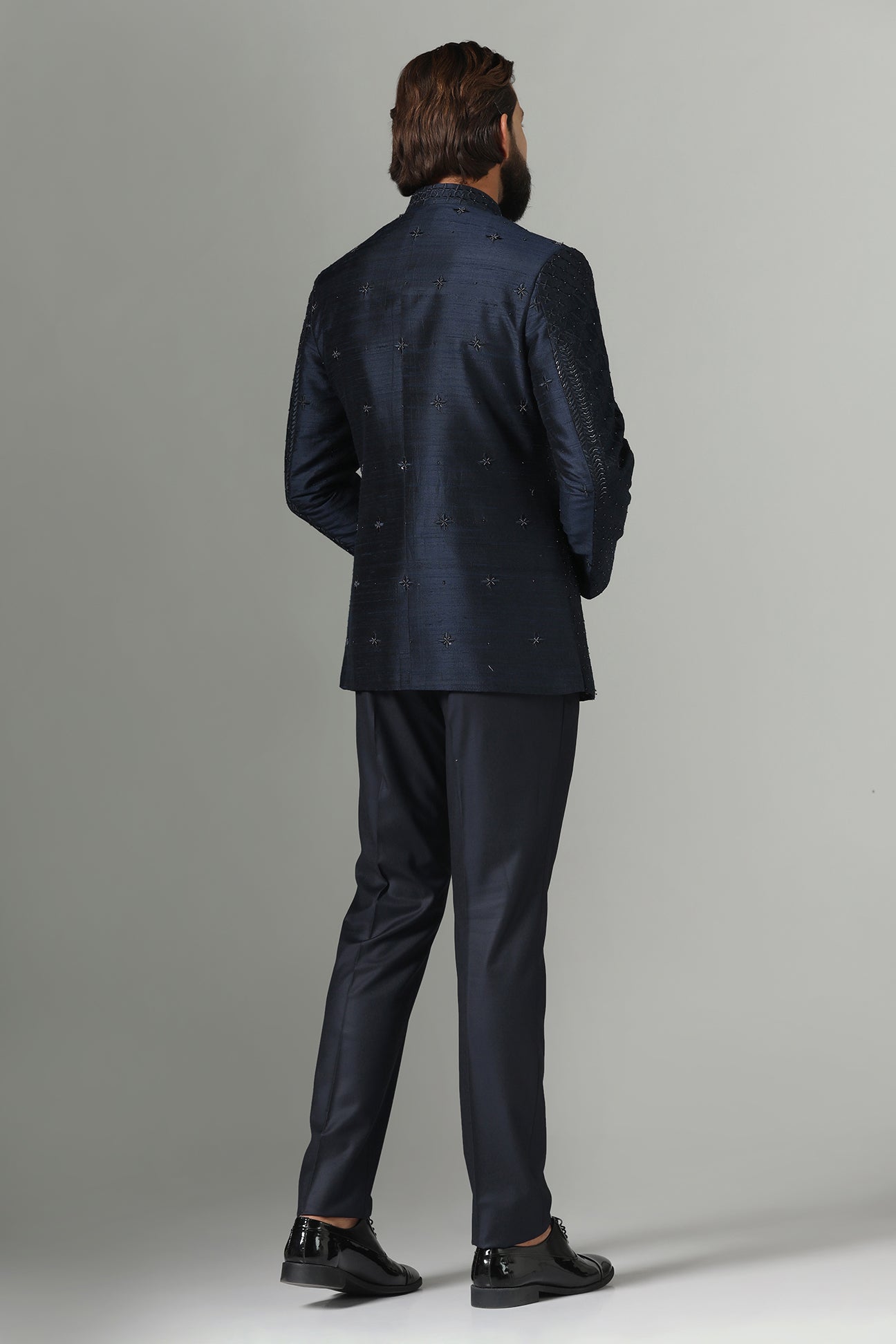 Shop the elegant navy blue Bandhgala suit for a sophisticated look. Shop now!