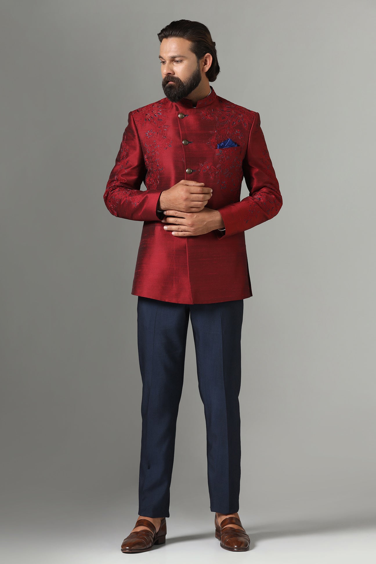 Red Floral Embroidered Bandhgala