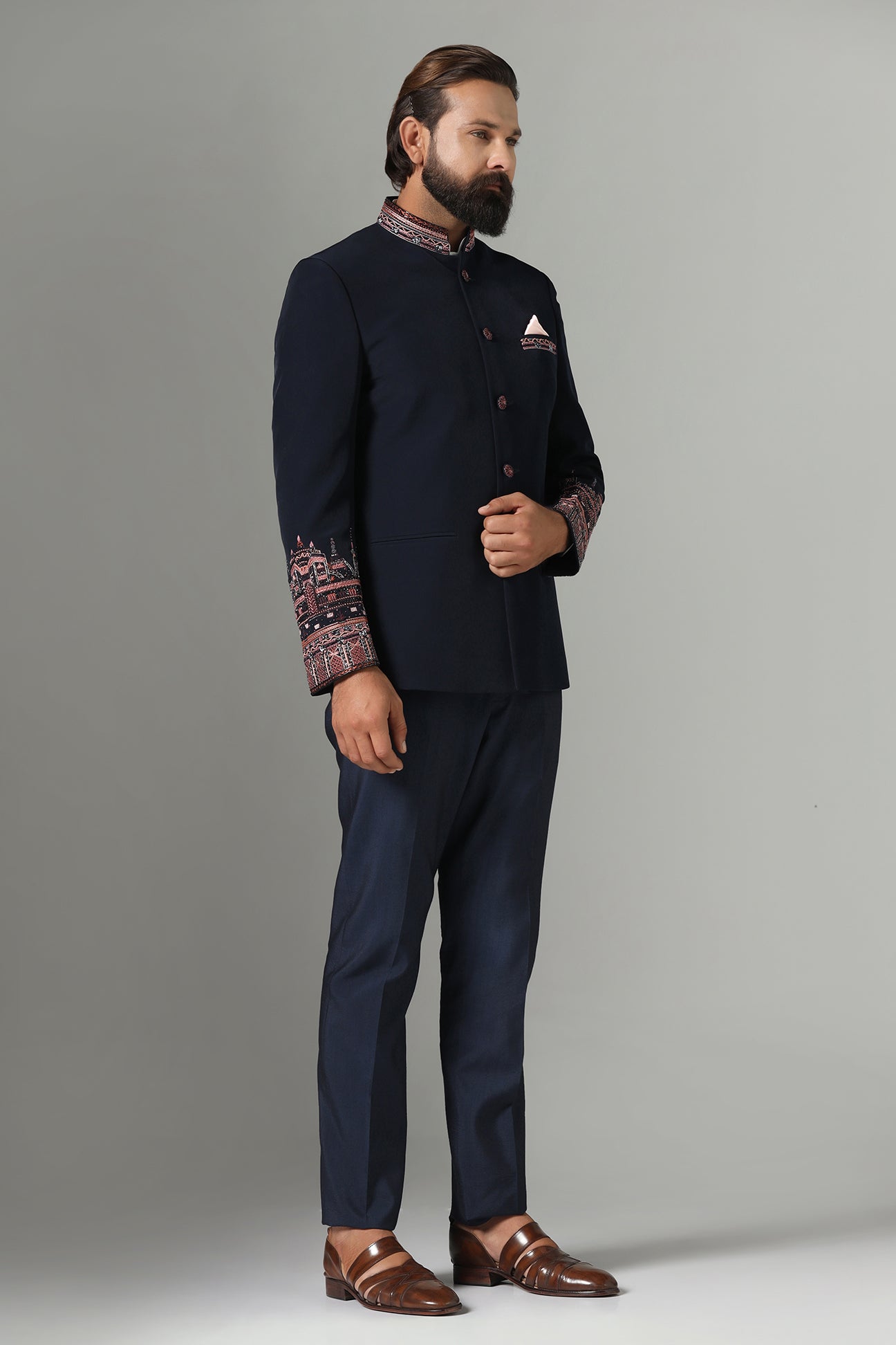 Shop the stylish blue Bandhgala suit in dark blue for a refined, sophisticated look. Shop now!