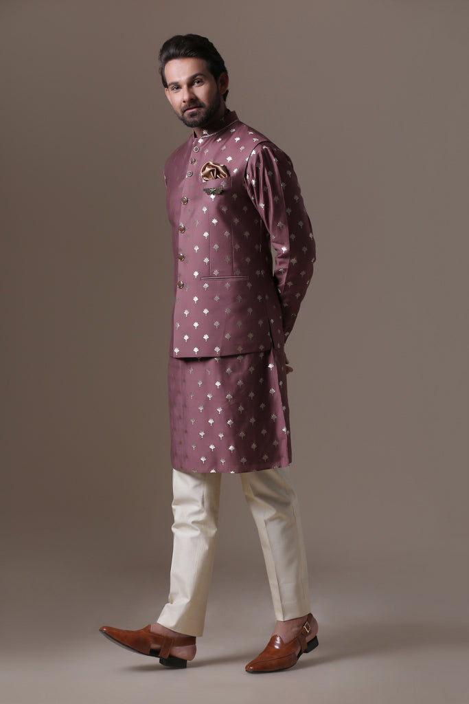 Maroon Printed Jacket with Kurta Pajama - Main Image