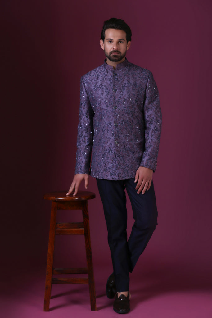 Make a statement with the purple embroidered bandhgala suit.Shop Now!