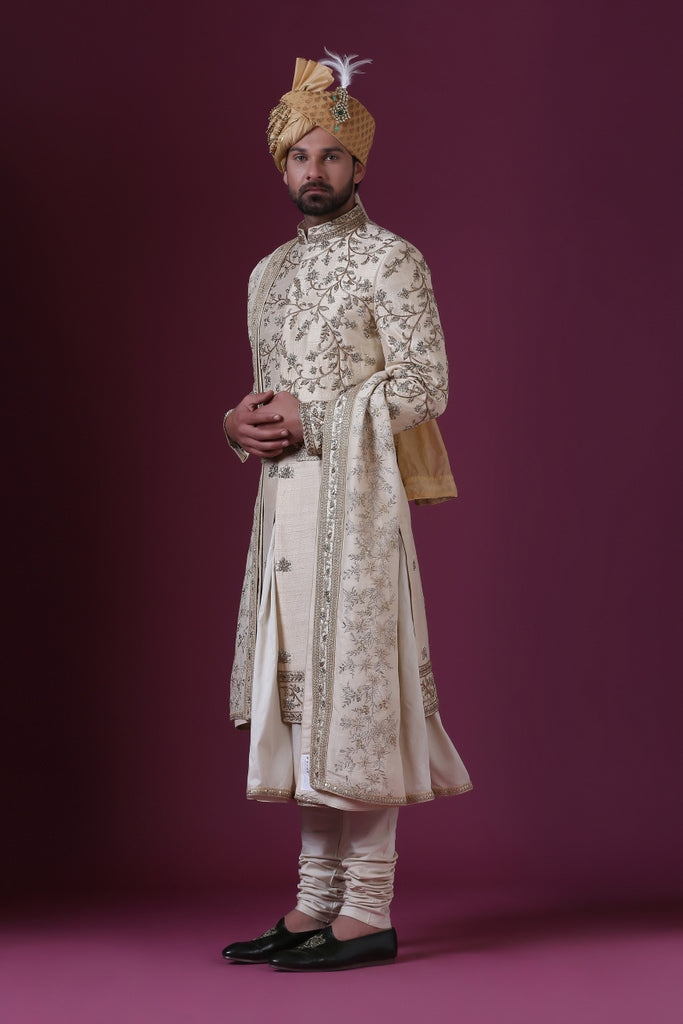Elevate your attire with this ensemble: Raw silk coat paired with cotton trousers. Shop Now!