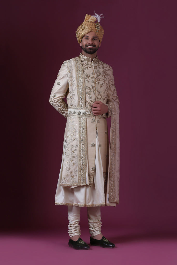 Elevate your attire with this ensemble: Raw silk coat paired with cotton trousers. Shop Now!
