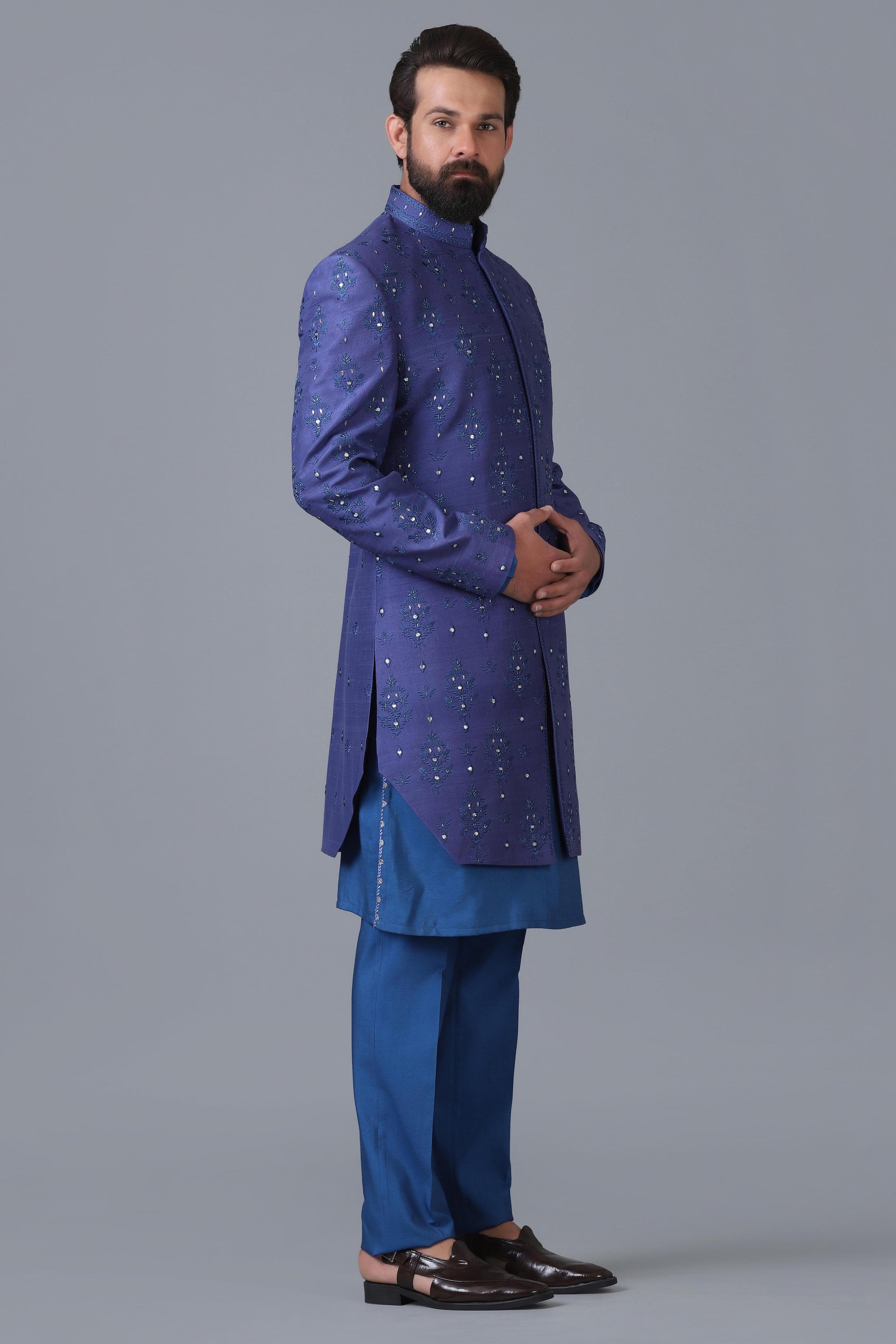 Elevate your style with our indigo blue Indowestern featuring embroidered motifs. Shop Now!