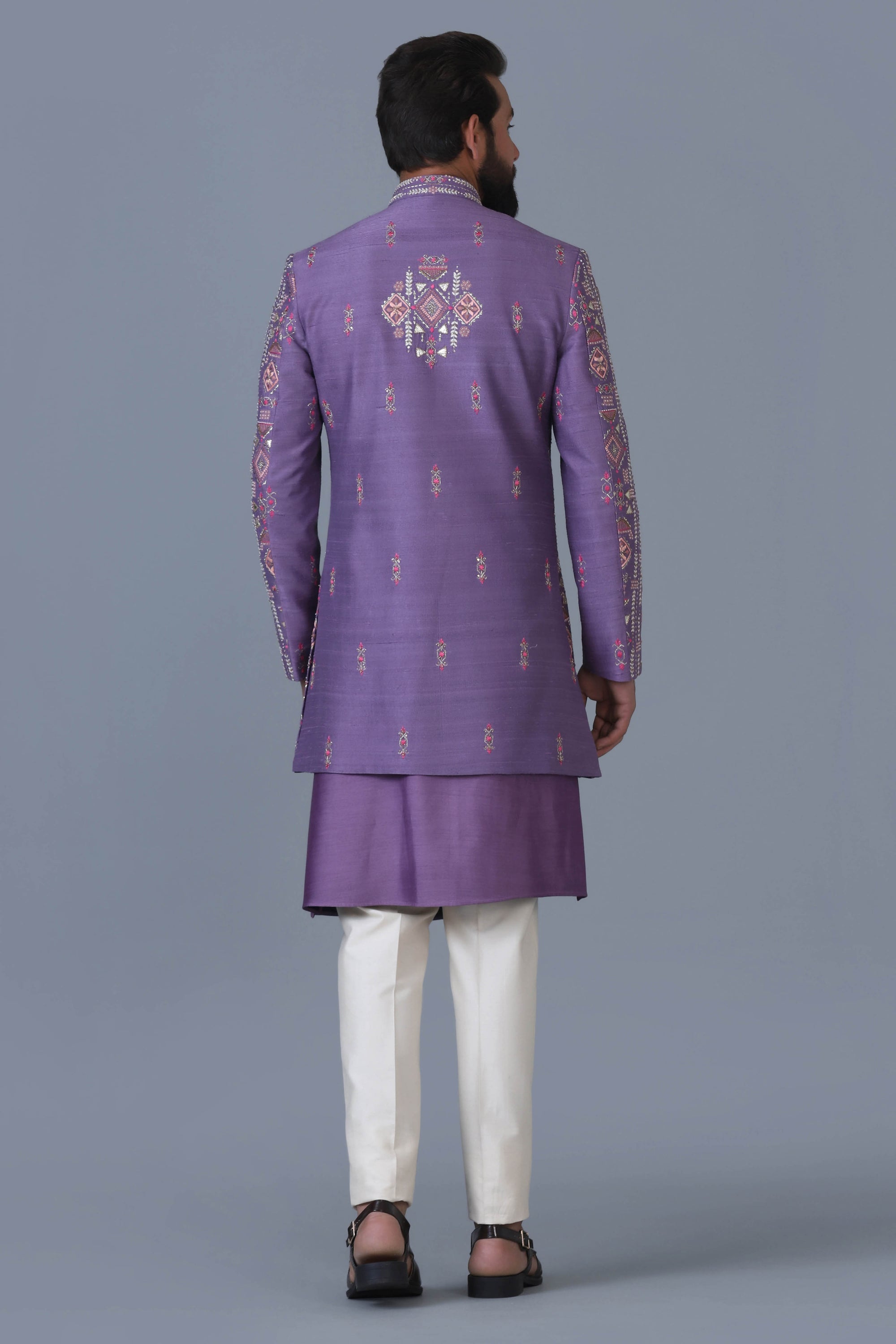 Make a statement in our lilac raw silk short Indowestern. Shop Now!