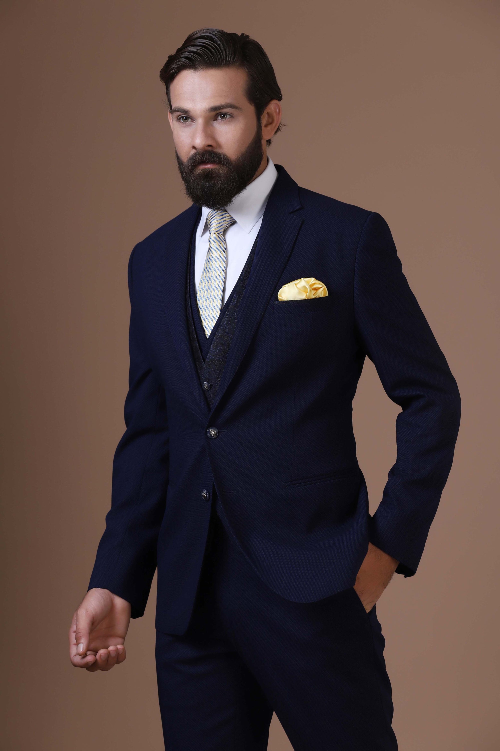 Elevate your style with our 3 Piece suit featuring a contrast jacquard waistcoat. Shop Now!