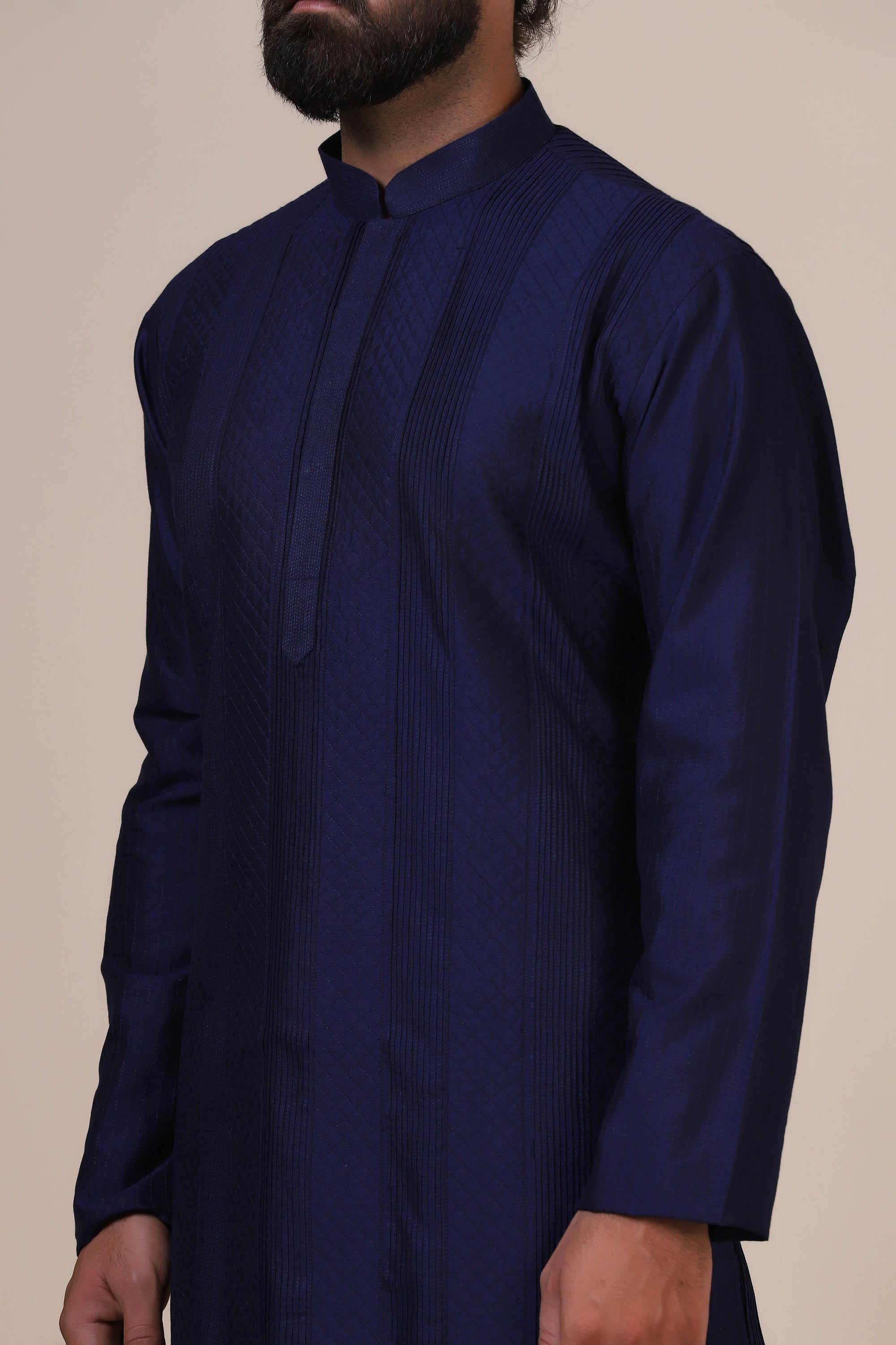 Indulge in comfort with Navy kurta pajama, crafted from blended cotton and silk fabric. Shop Now!