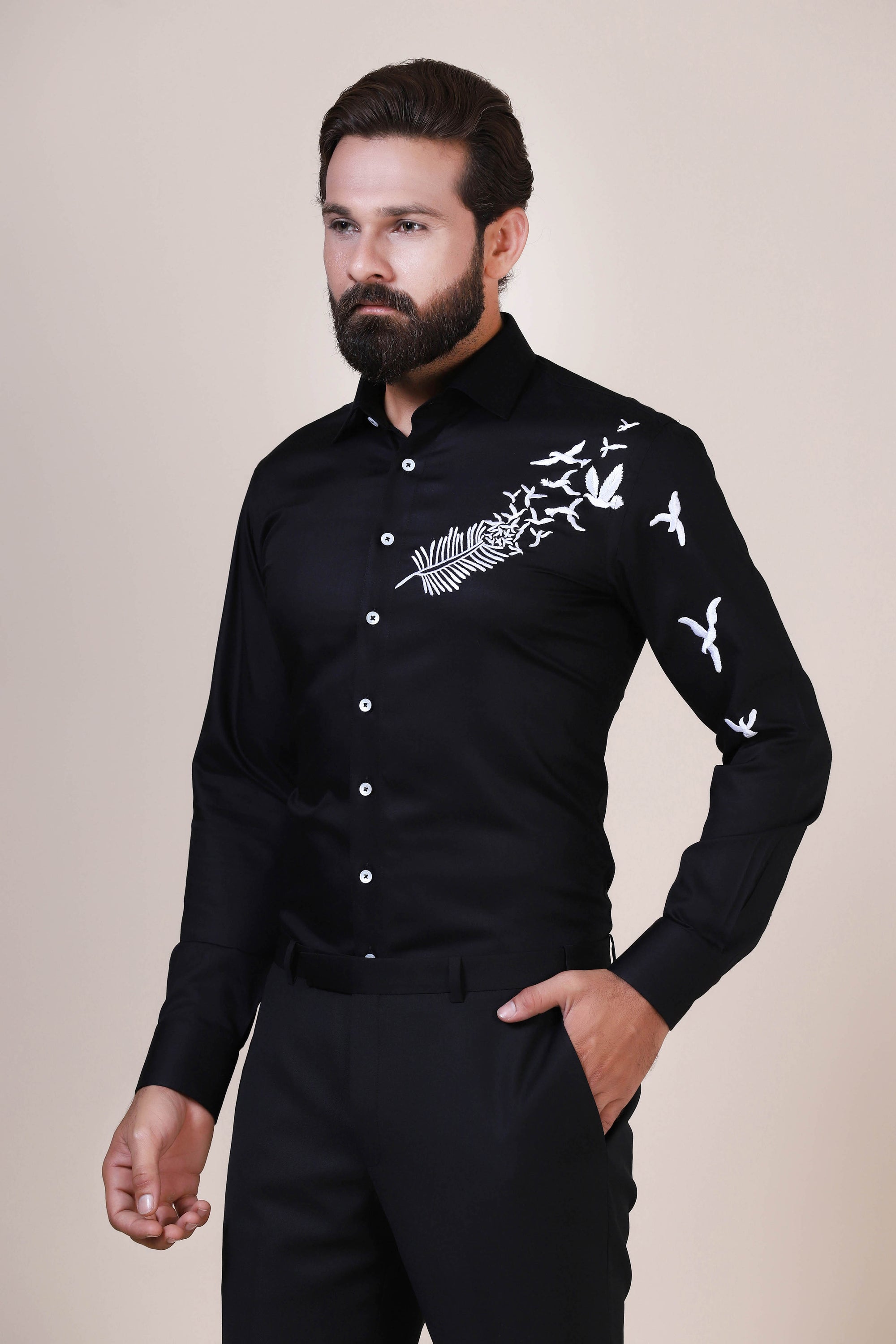 Black Shirt with Birds Embroidery for men that offers comfort and style effortlessly. Shop Now!