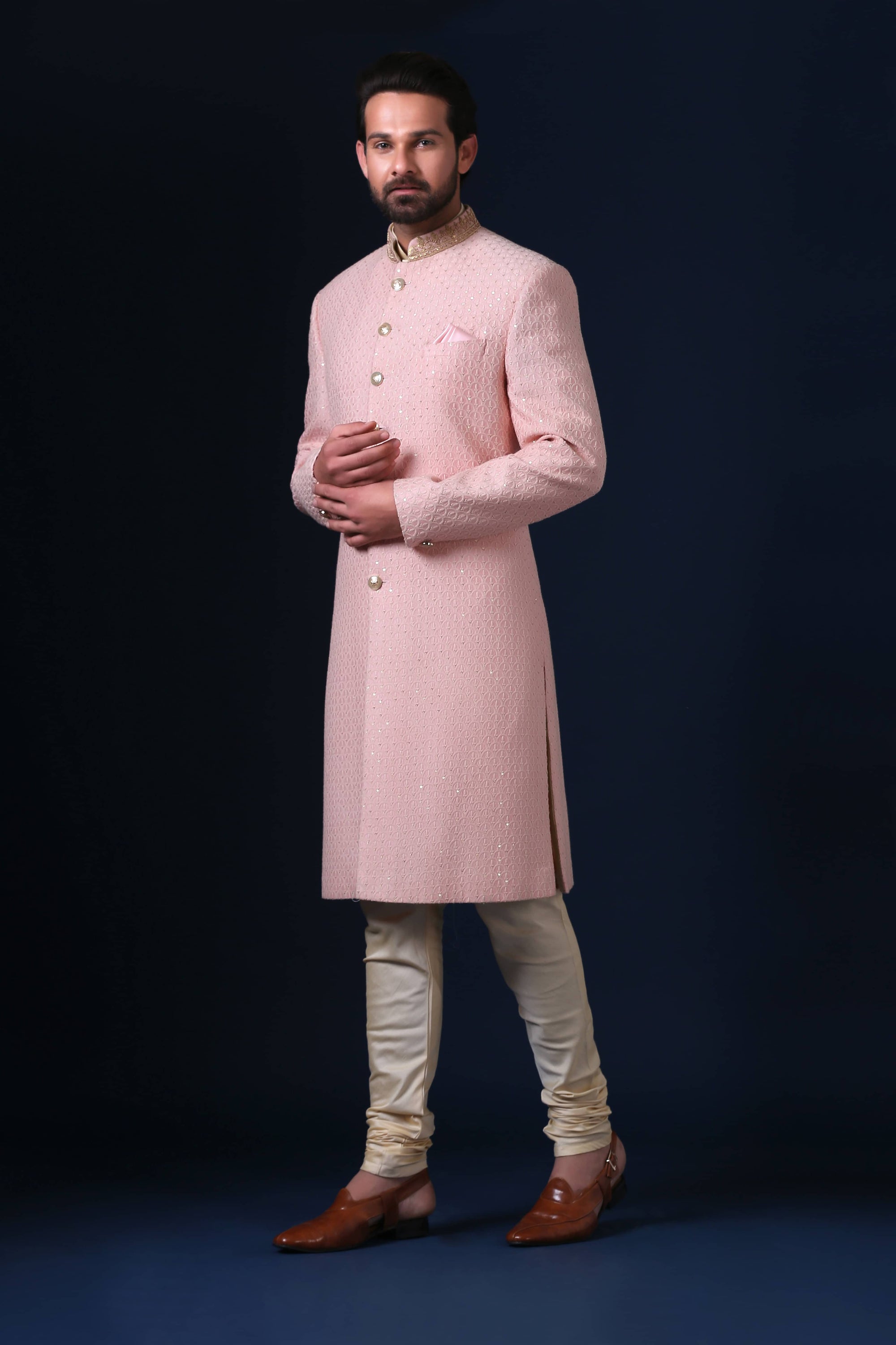 This light pink Indowestern is made using traditional Lucknowi fabric. Shop Now!