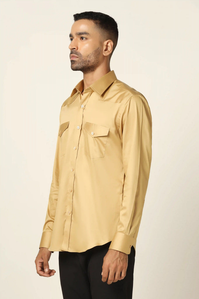 Elevate your look with our Beige shirt featuring double pockets on the chests. Crafted from 100% Giza Cotton, it boasts a regular collar and matching buttons.