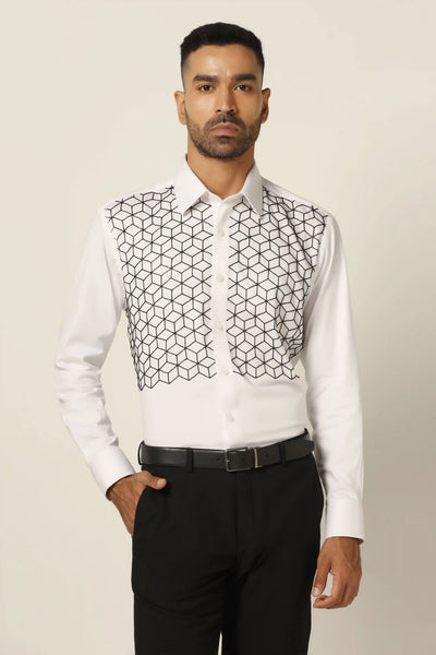 Elevate your formal attire with our contemporary tuxedo shirt. Crafted from solid white fabric, featuring a cube-like pattern embroidered in black thread.