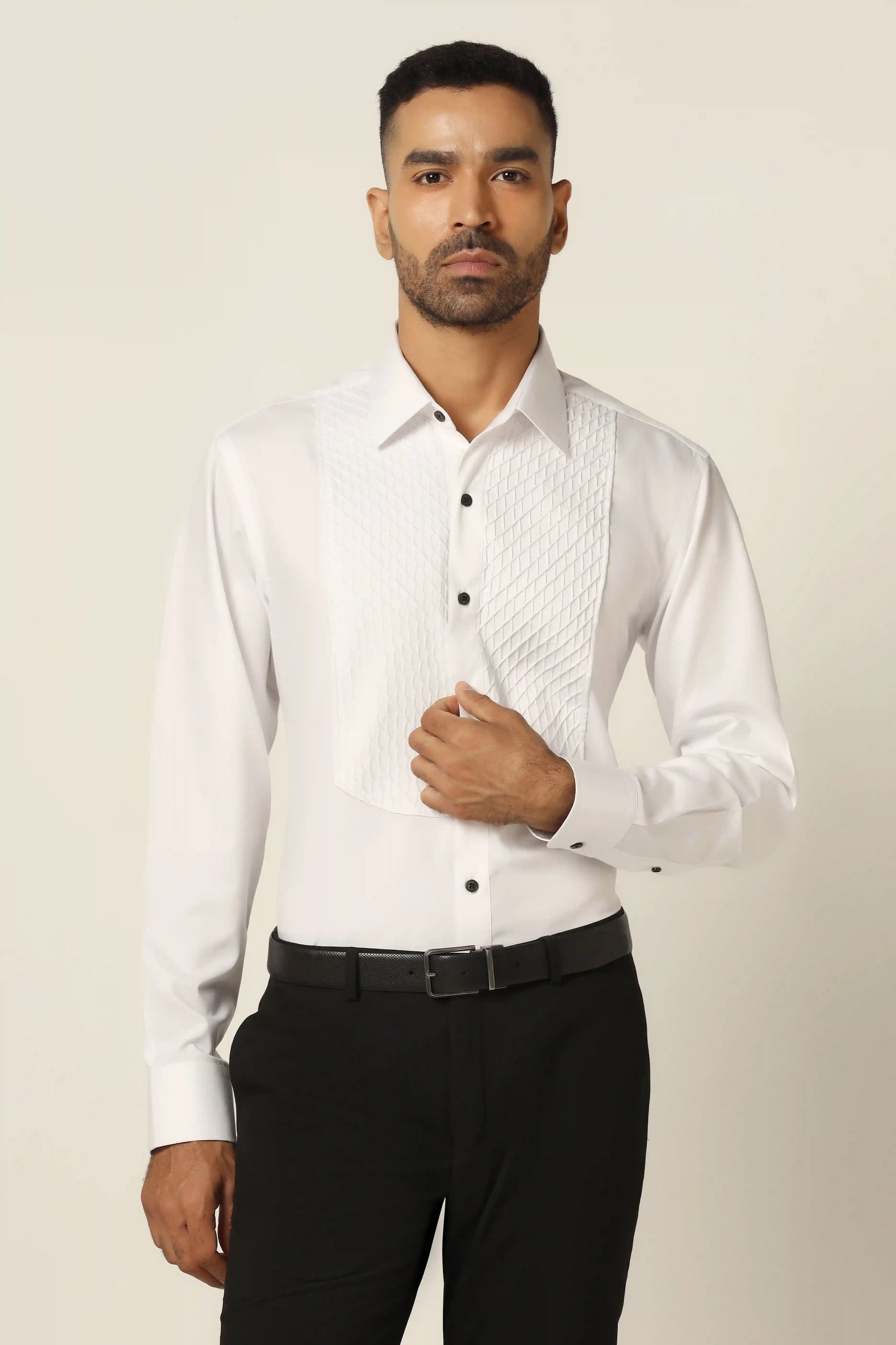 Elevate your wardrobe with our premium white tuxedo shirt. Shop now!