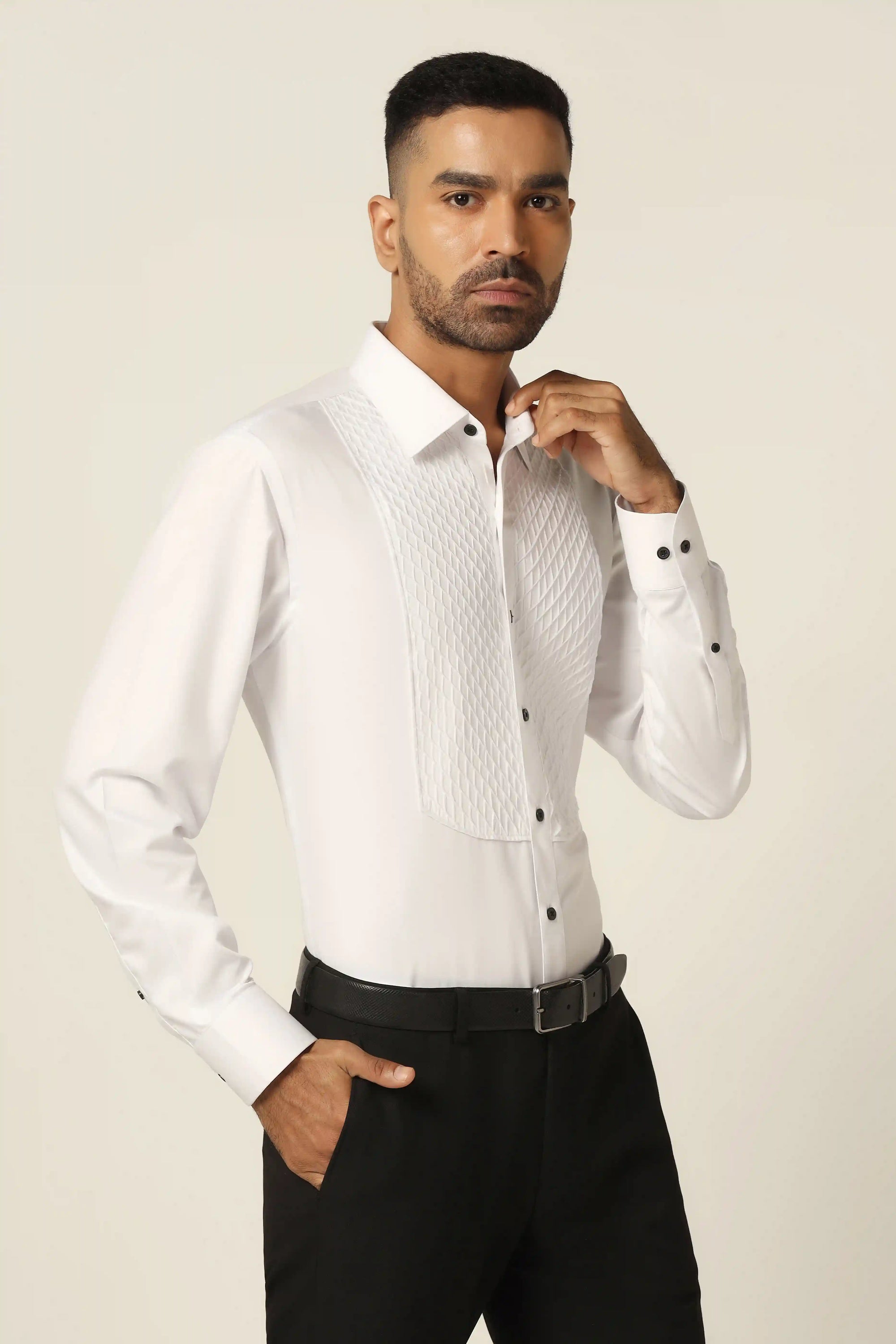 Elevate your wardrobe with our premium white tuxedo shirt. Shop now!
